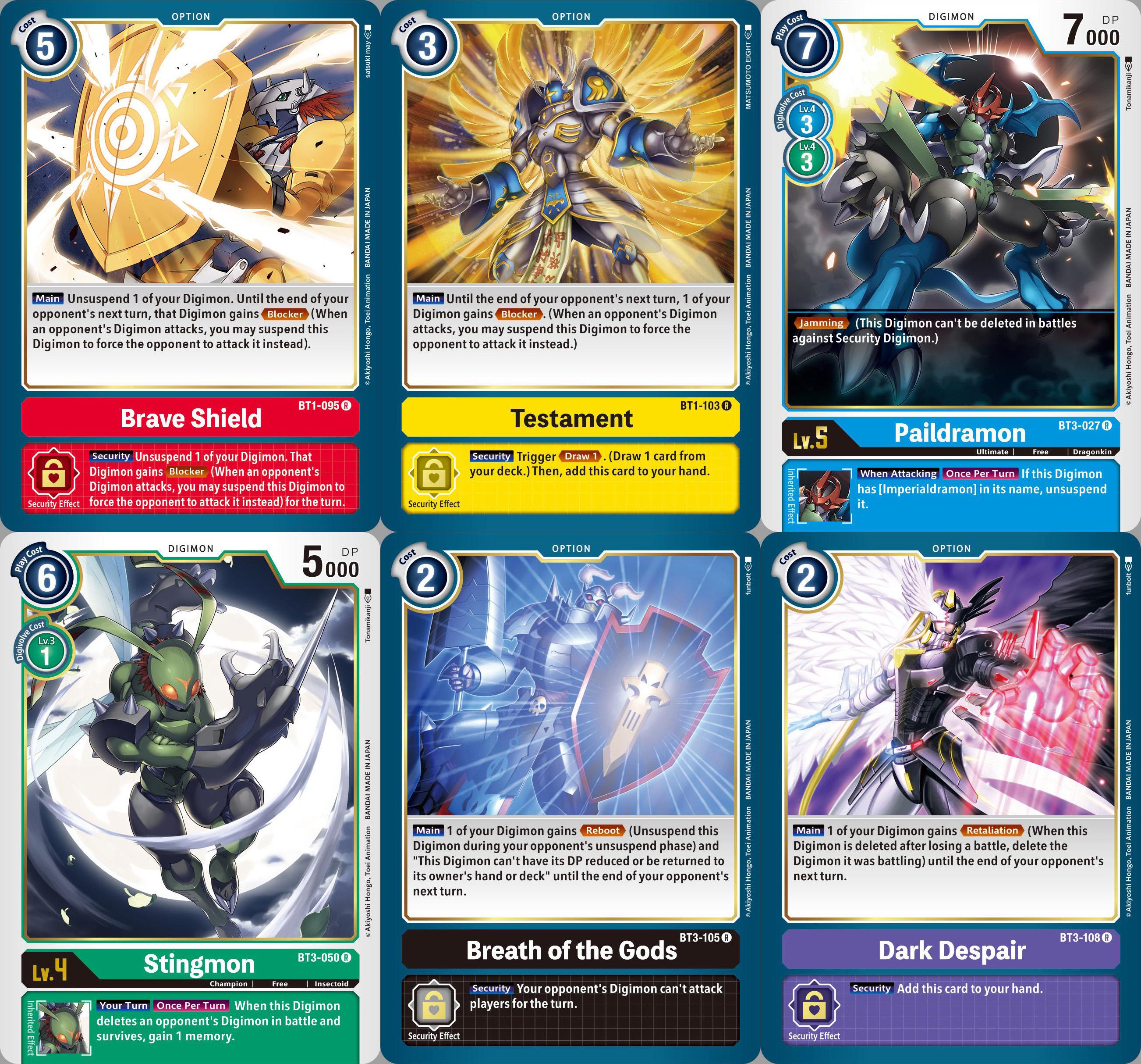 Brave Shield, Testament, Paildramon, Stingmon, Breath of the Gods, & Dark Despair Previews for
