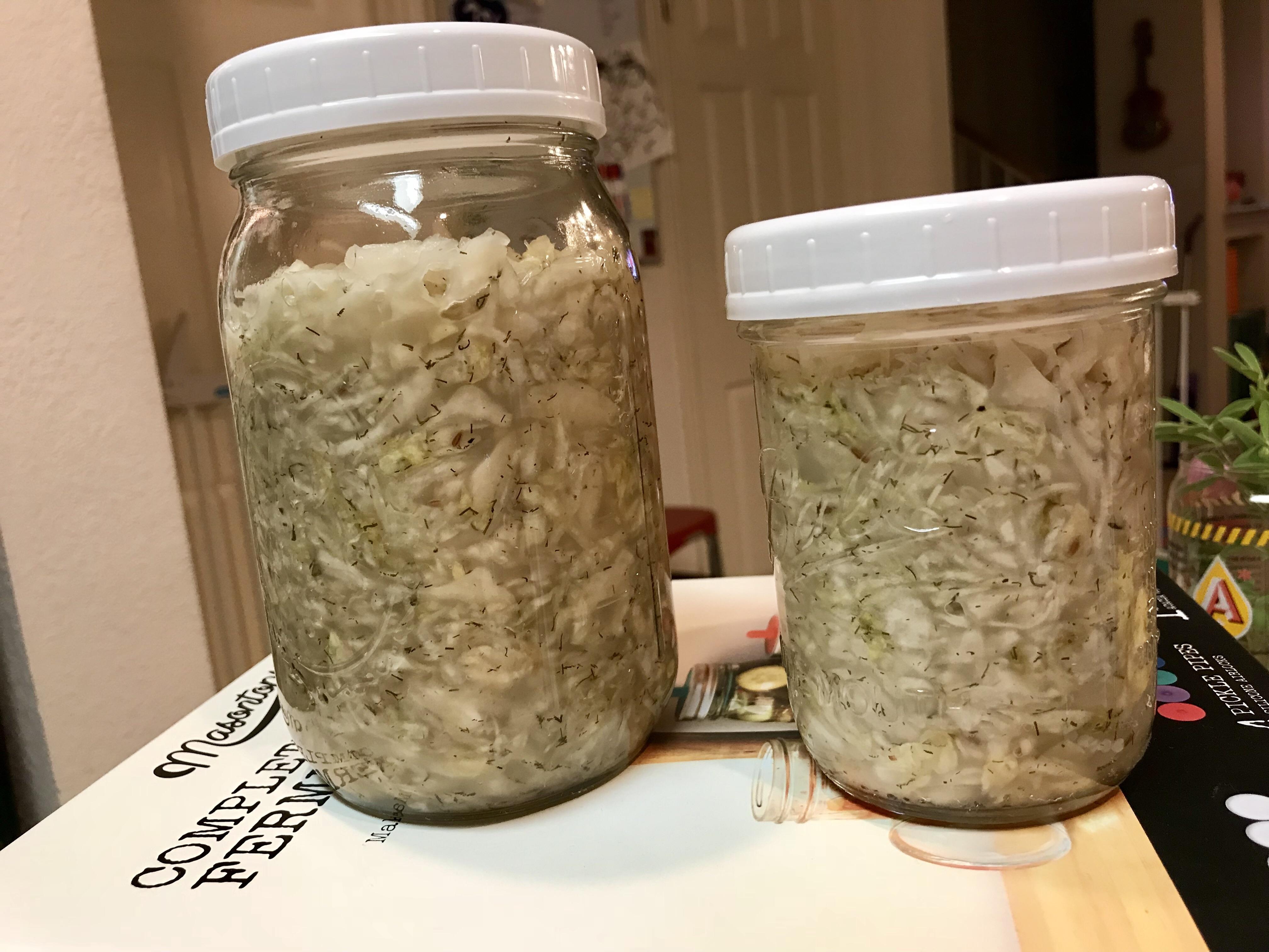 Lemon Dill Sauerkraut done and ready for the fridge. Moved to more reasonably sized jars. 6