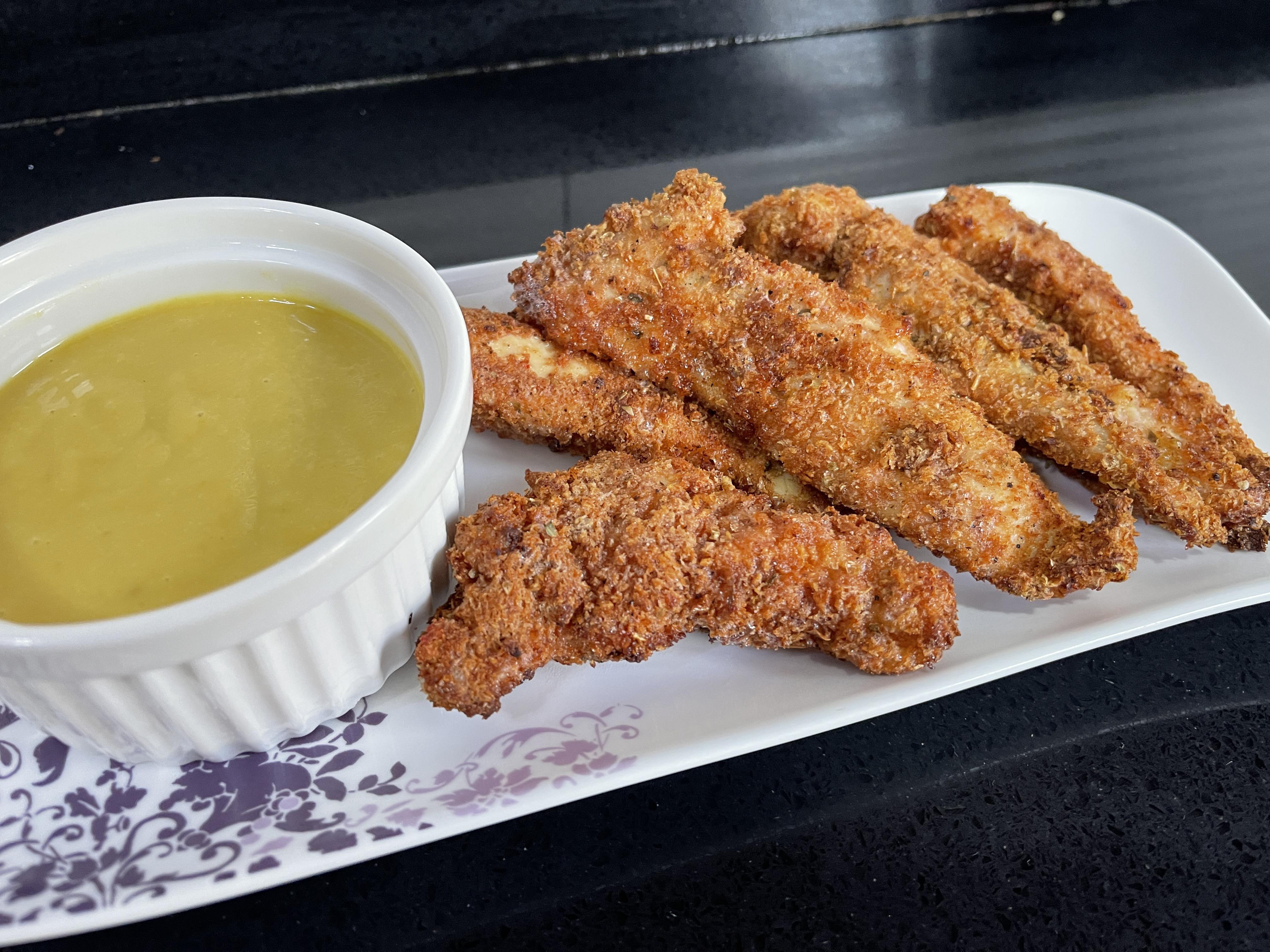 Air fryer chicken tenders with homemade honey mustard sauce Tendies