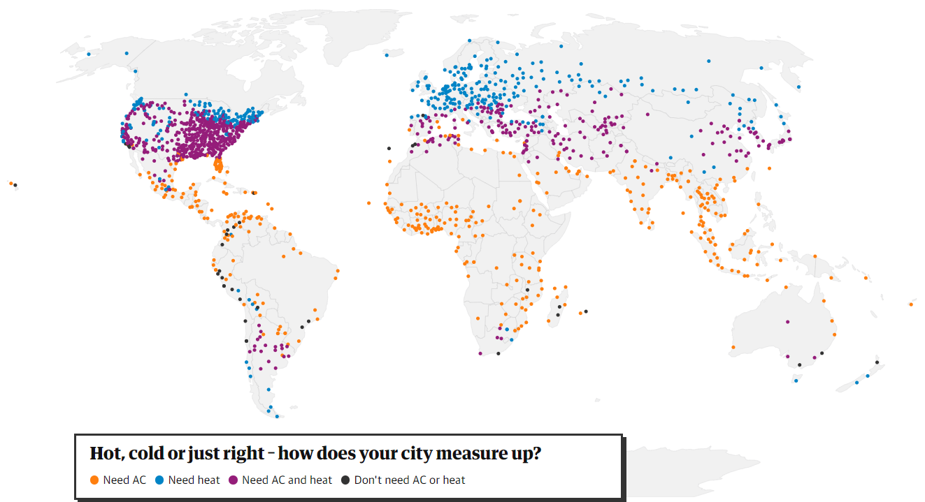 Cities where you need air conditioning and/or heating, or neither r/MapPorn