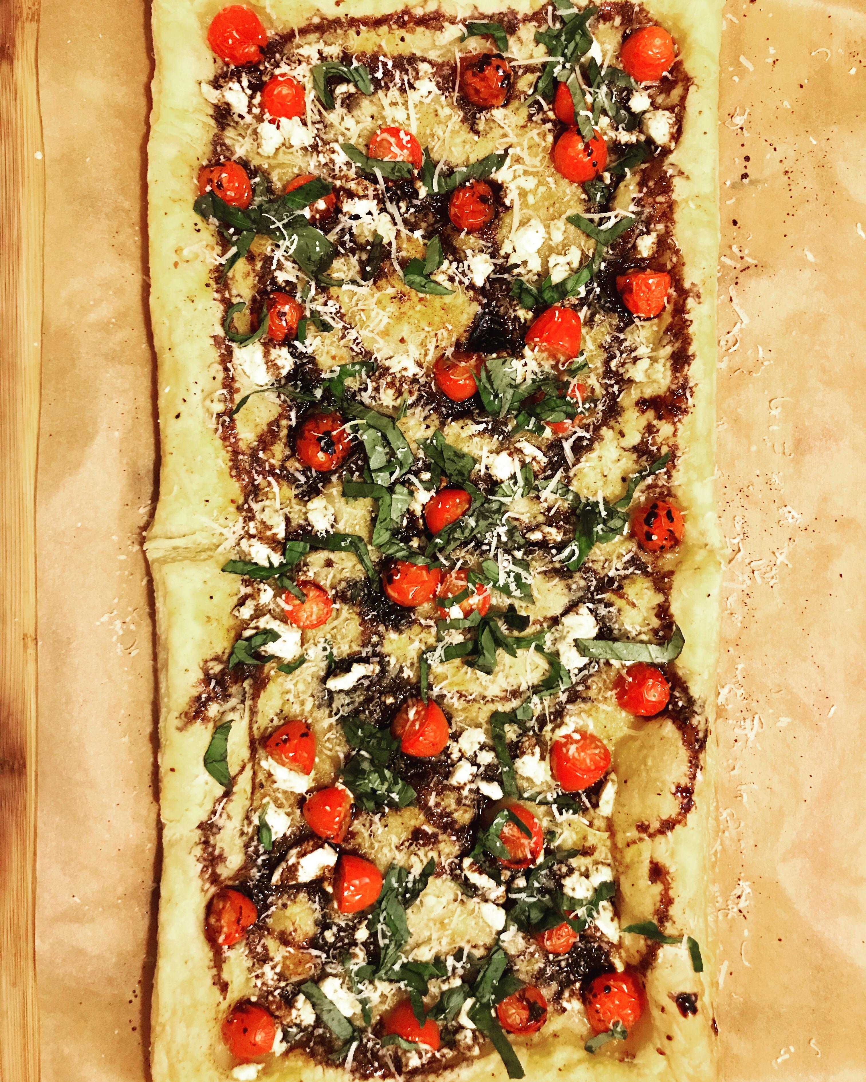 [homemade] tomato and goat cheese puff pastry with balsamic glaze and