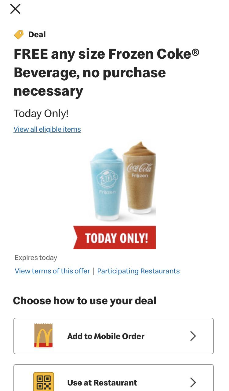 [McDonalds] Free Frozen Coke, valid June 28, 2021 only freebies