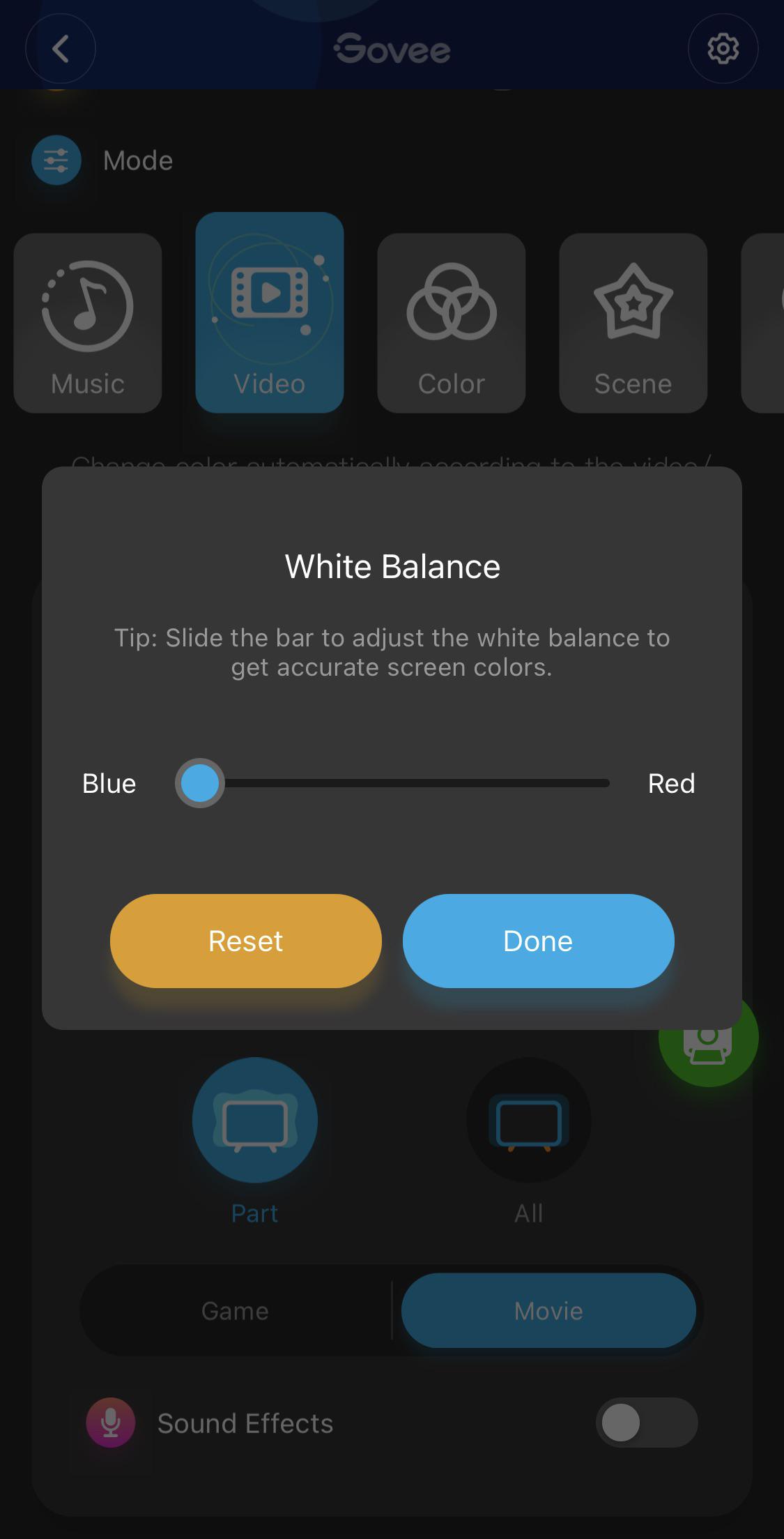 Govee immersion H6199. App bug - White balance consistently resetting