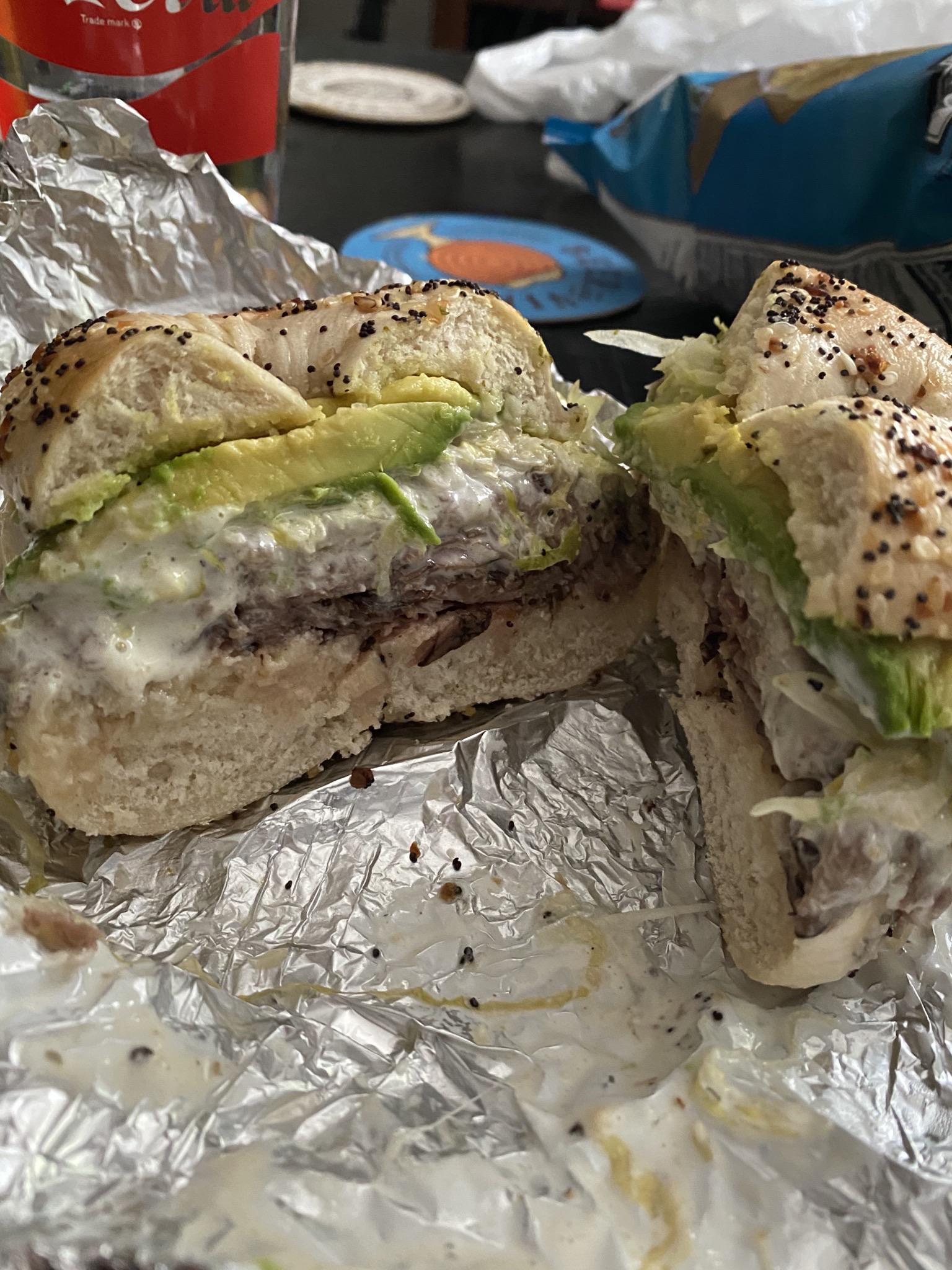 roast beef, pepper jack, avocado, & parmesan peppercorn dressing on everything bagel 🤤 r