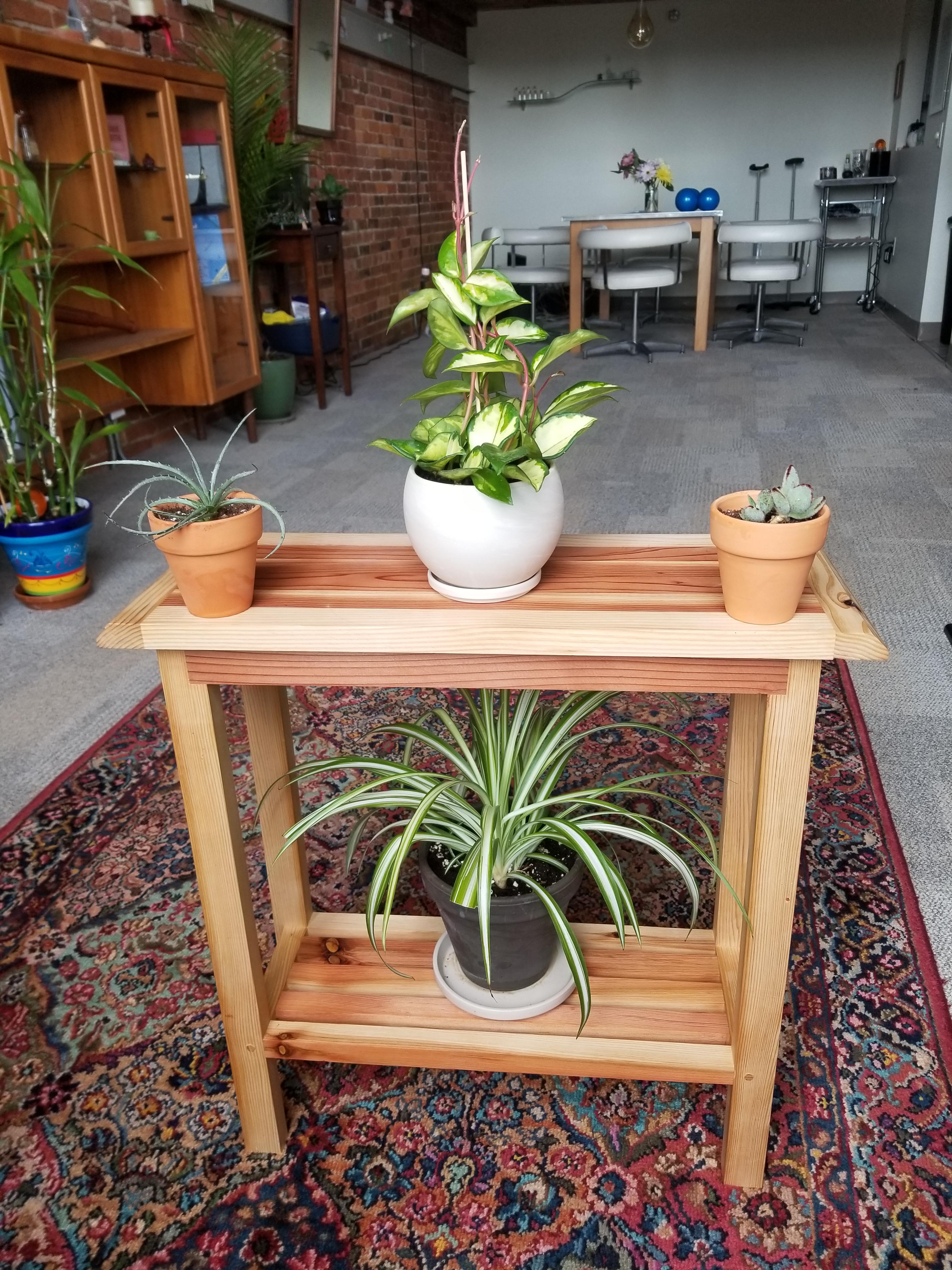 My dad made this plant shelf for me out of the cedar wood from my