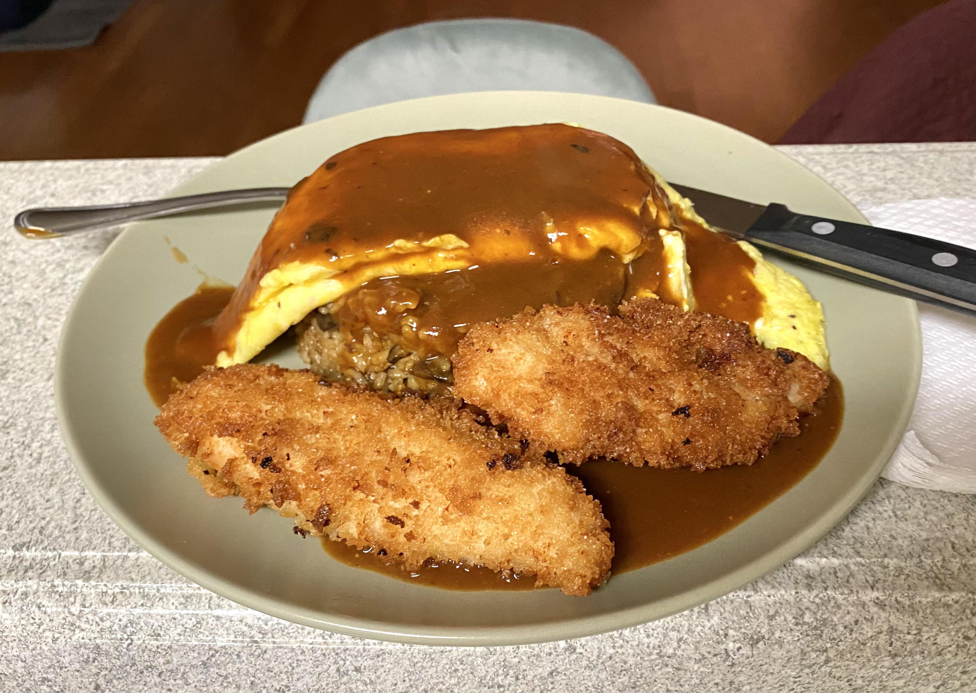 [homemade] Omurice with chicken katsu & demiglace r/food