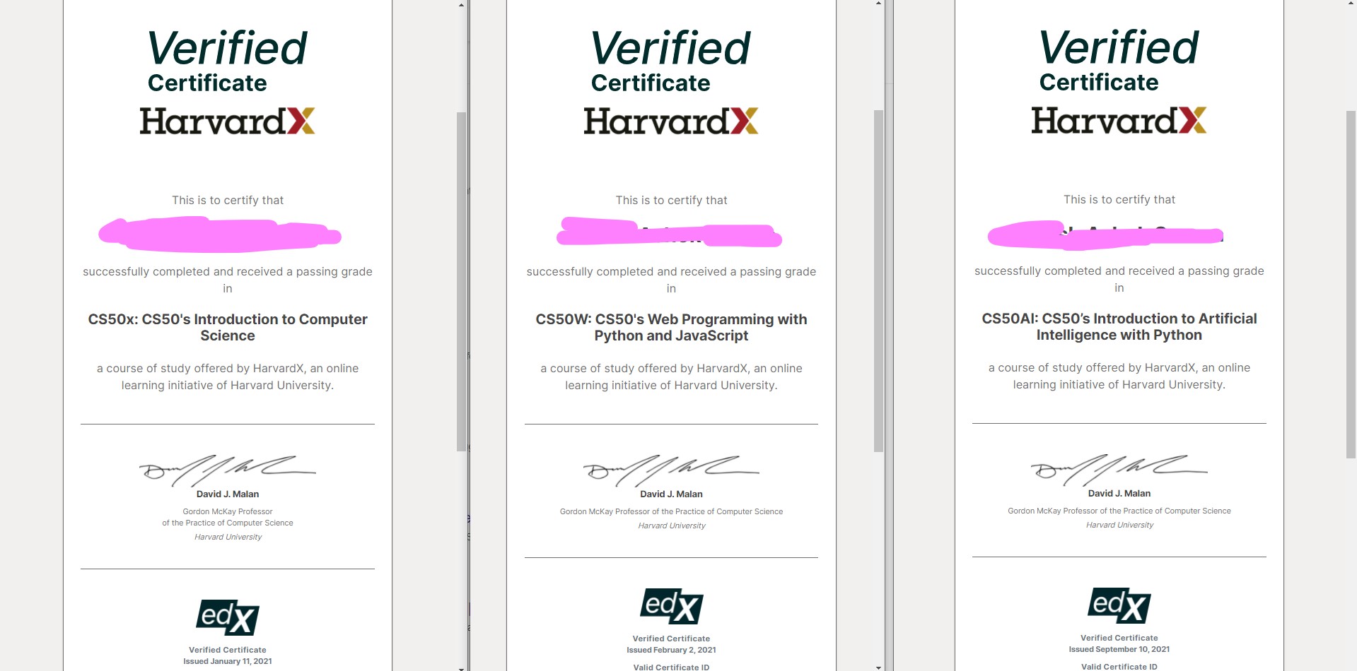 Finally Over! Completed three cs50 courses this year! Thank you, Brian