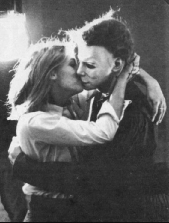 Michael Myers kissing Jamie Lee Curtis on the set of Halloween in 1978