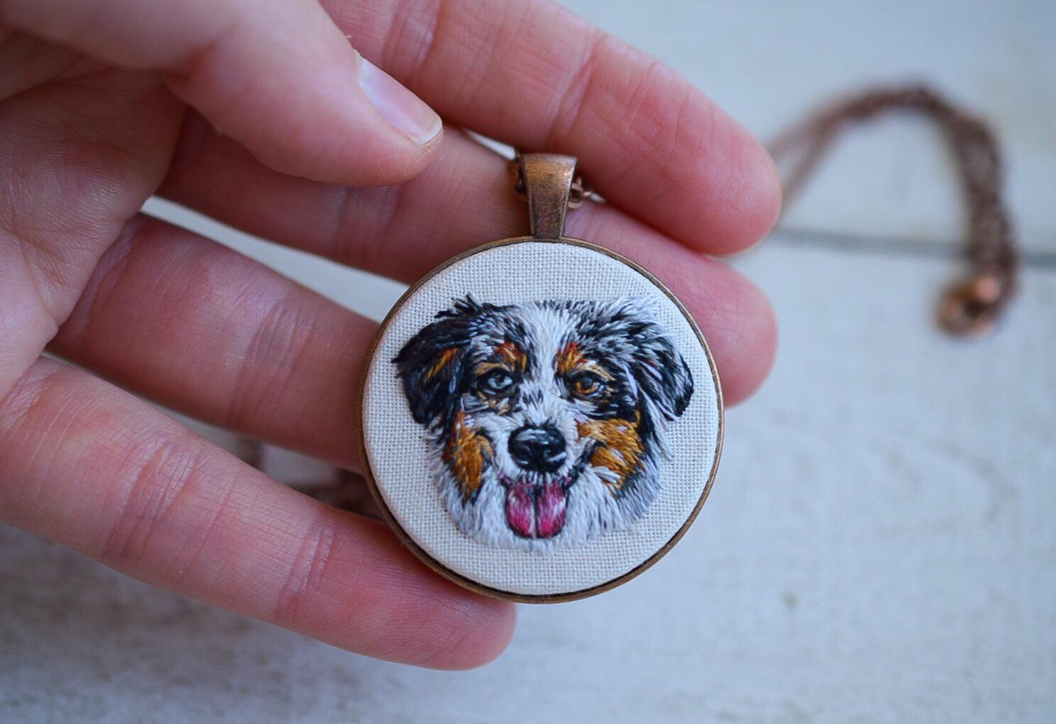 Hand embroidered pet portrait necklace r/crafts