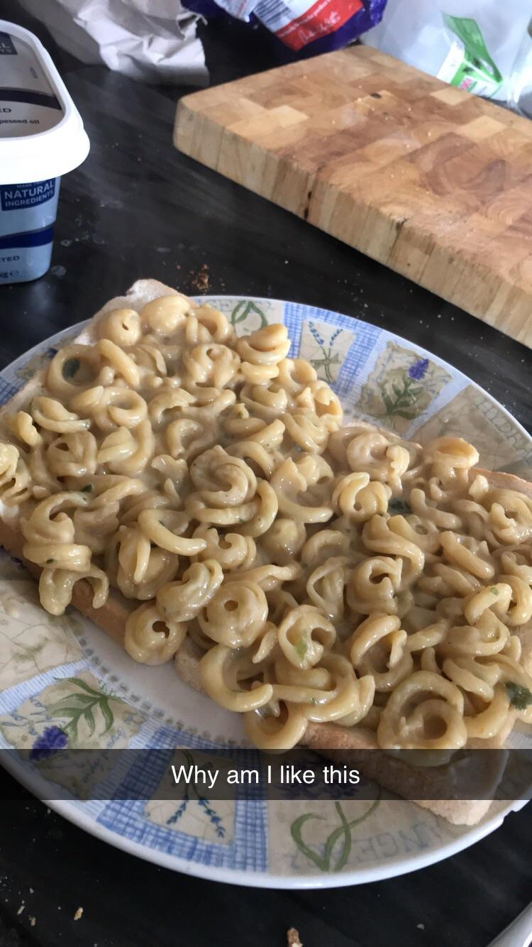 My favourite ham, cheese and leek pasta, on buttered bread r