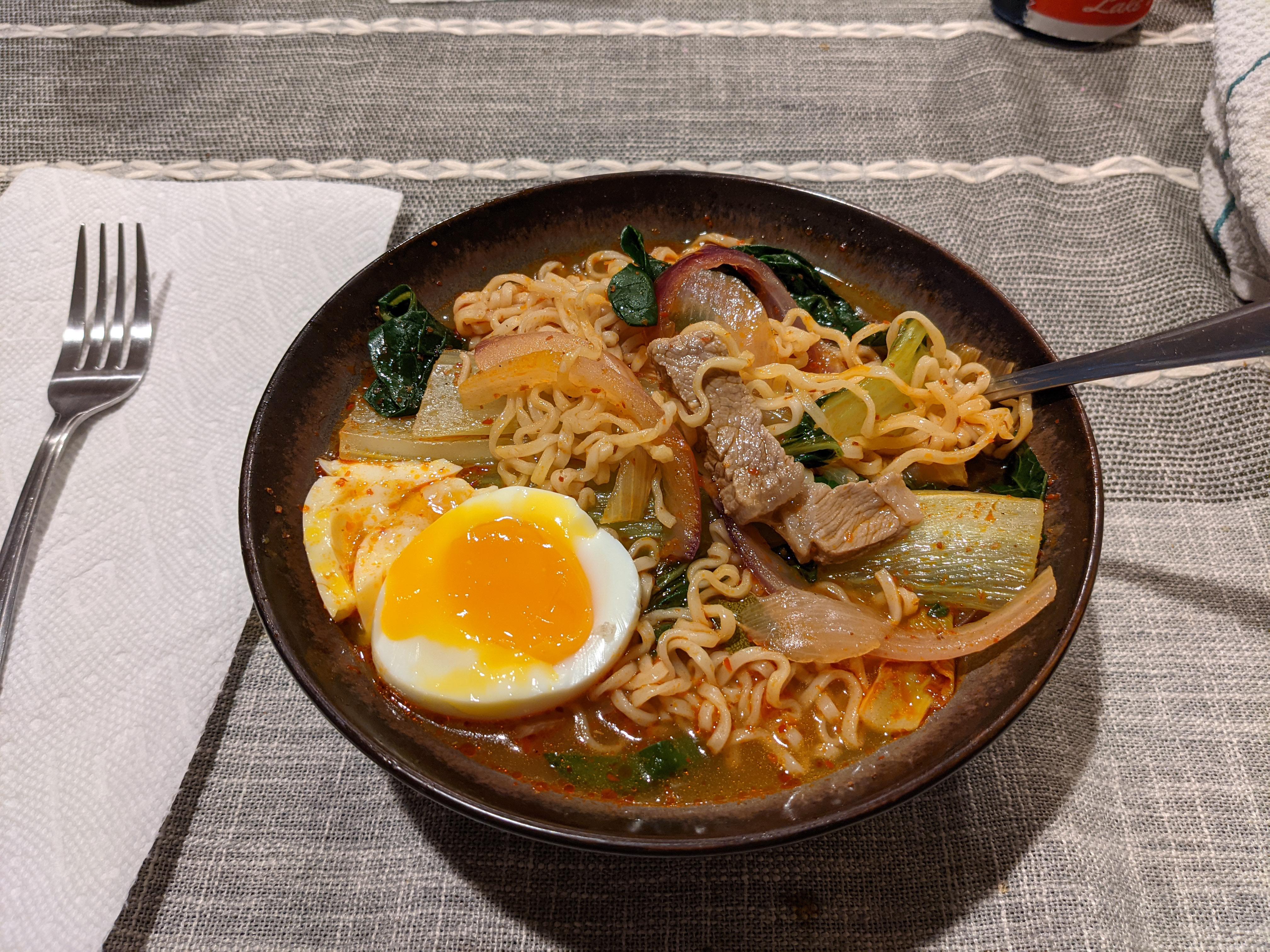 Homemade Spicy Numbing Hot Pot w/ Ramen, veggies, and softboiled egg