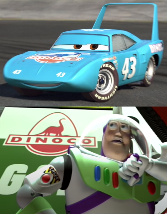 In Cars (2006), Dinoco is a sponsor. Dinoco is a gas station in Toy