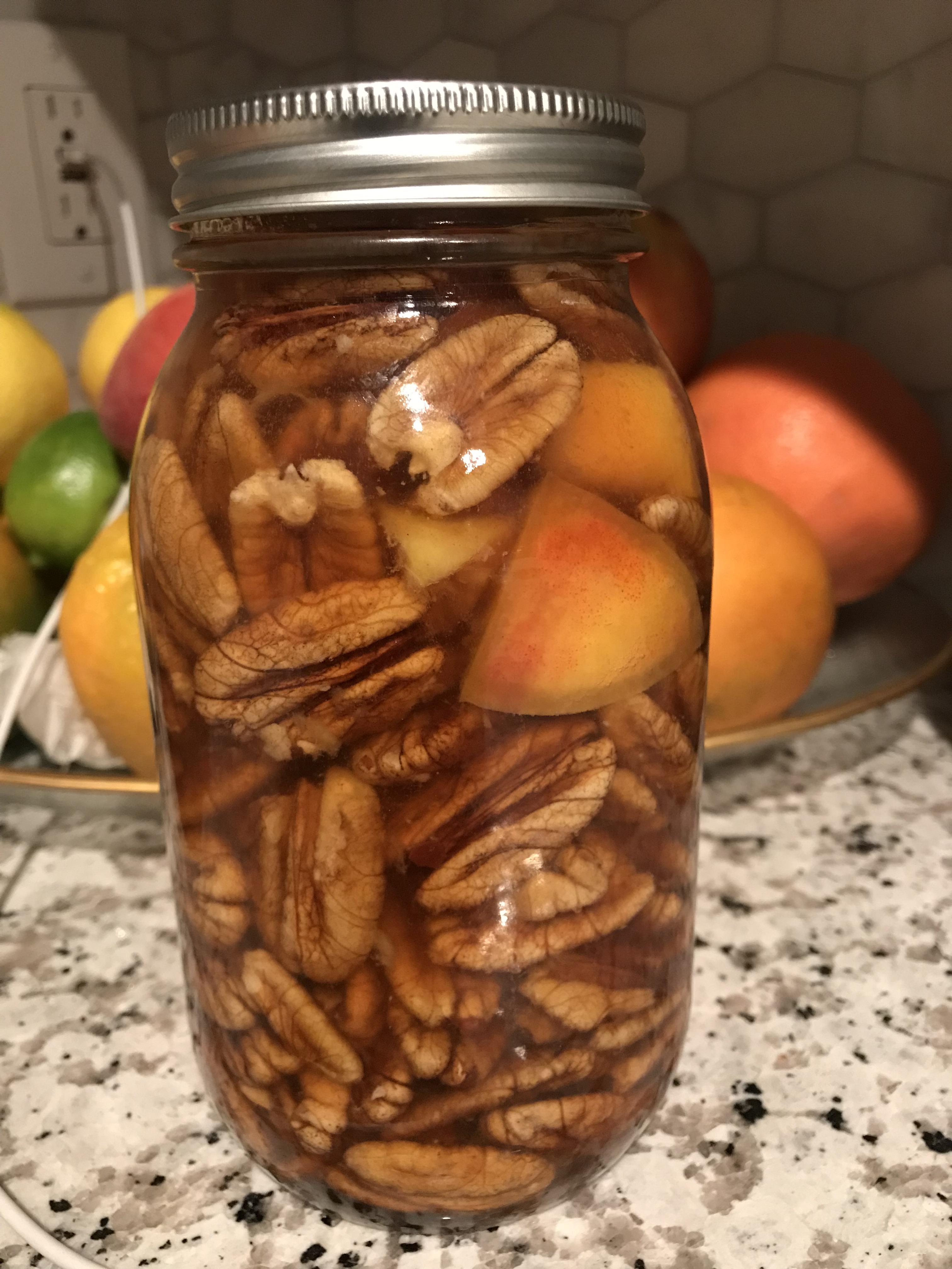 First attempt...peach and pecan infused rye. Figured bourbon may be too