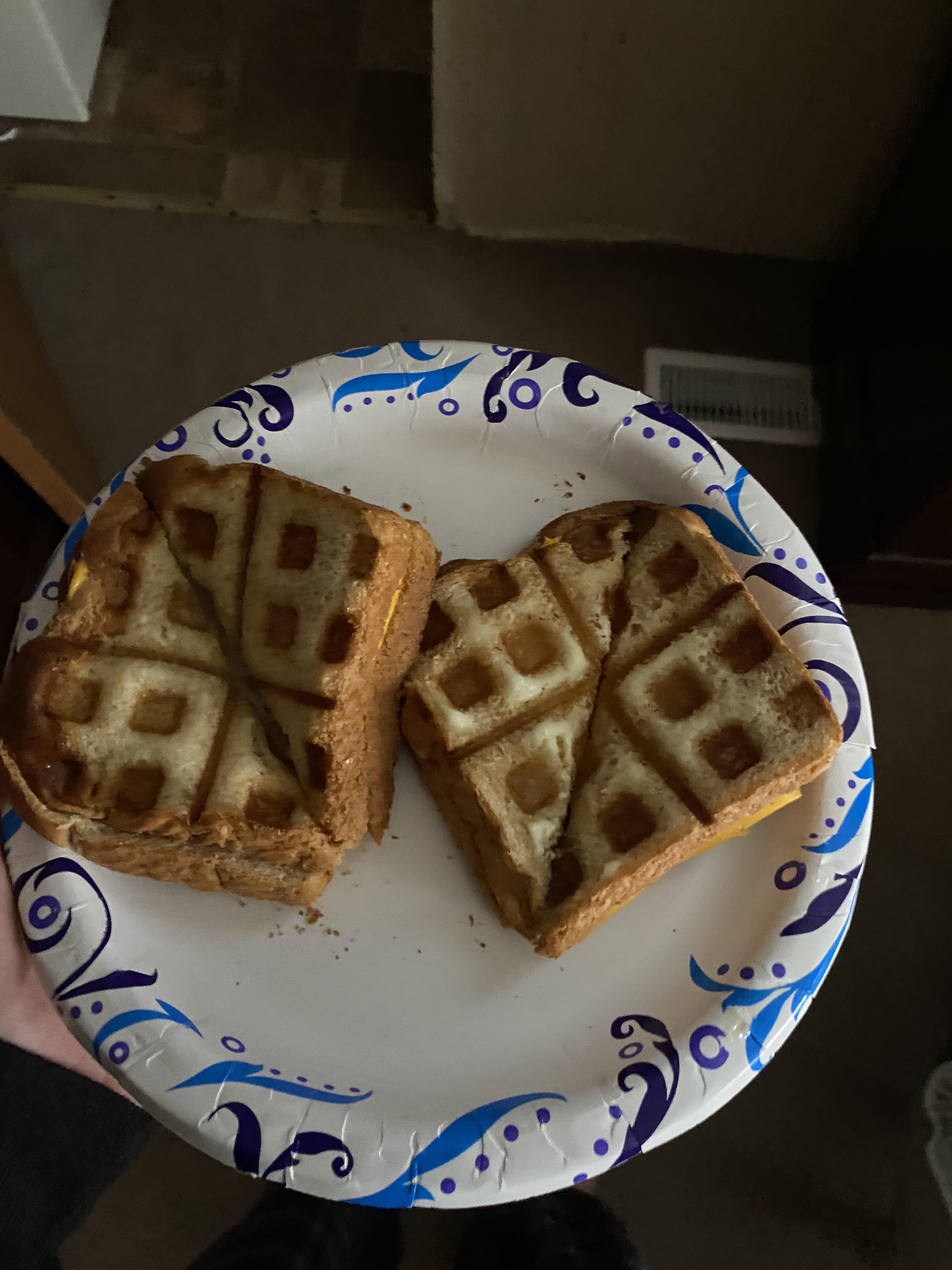I Made two grilled cheese sandwiches in a waffle maker and coated the