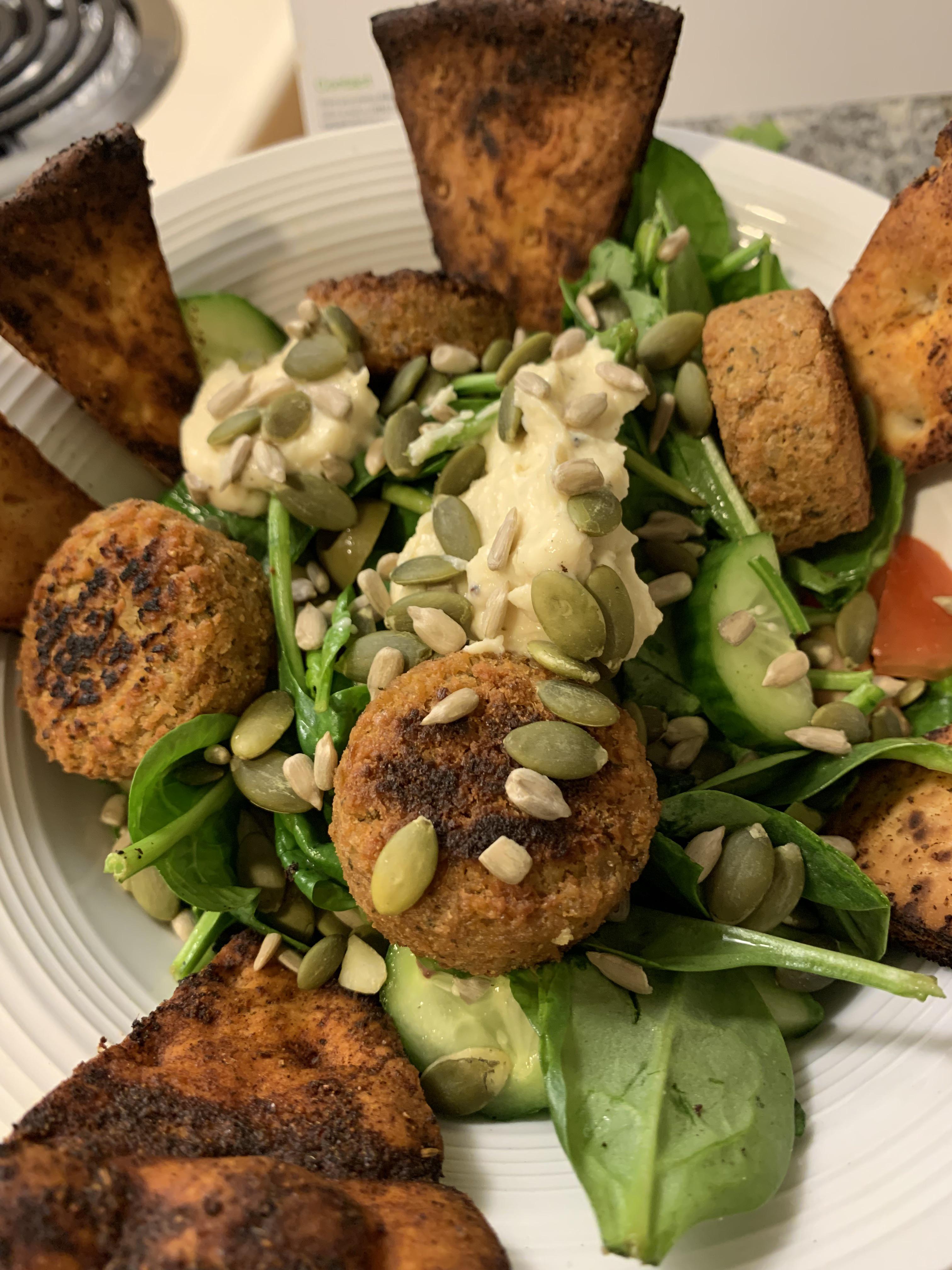 Supercharged Falafel Bowls with Hummus Dressing and Spiced Pita Crisps