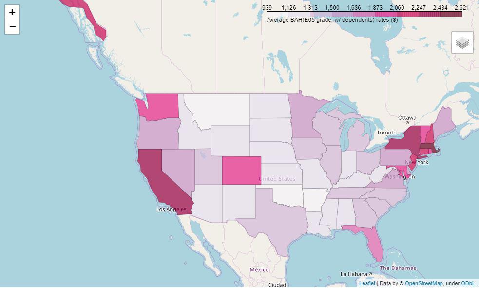 [OC] Average military Basic Allowance for Housing data visualization by state r/dataisbeautiful
