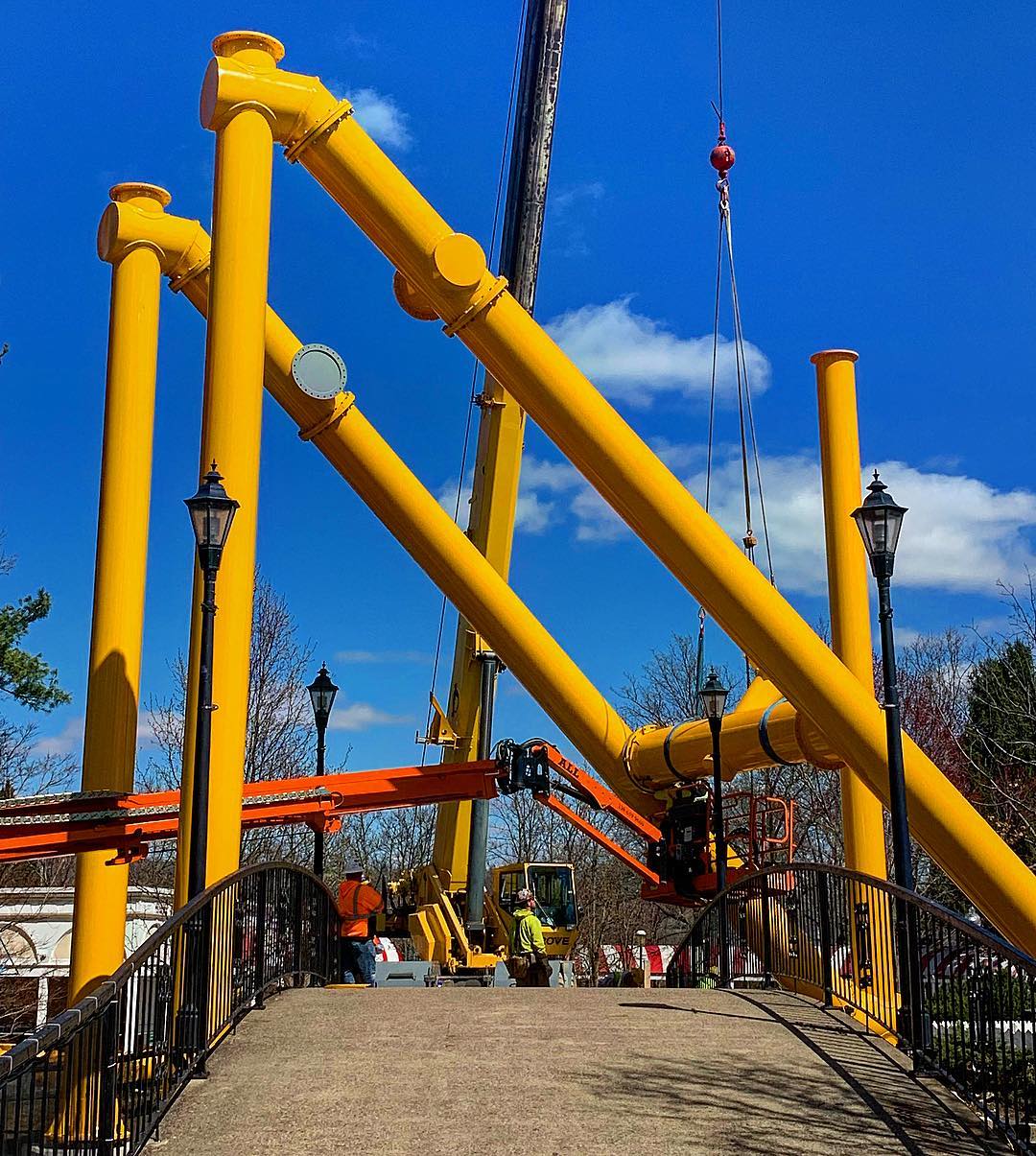 Steel Curtain Supports going up over the Lagoon bridge at Kennywood r