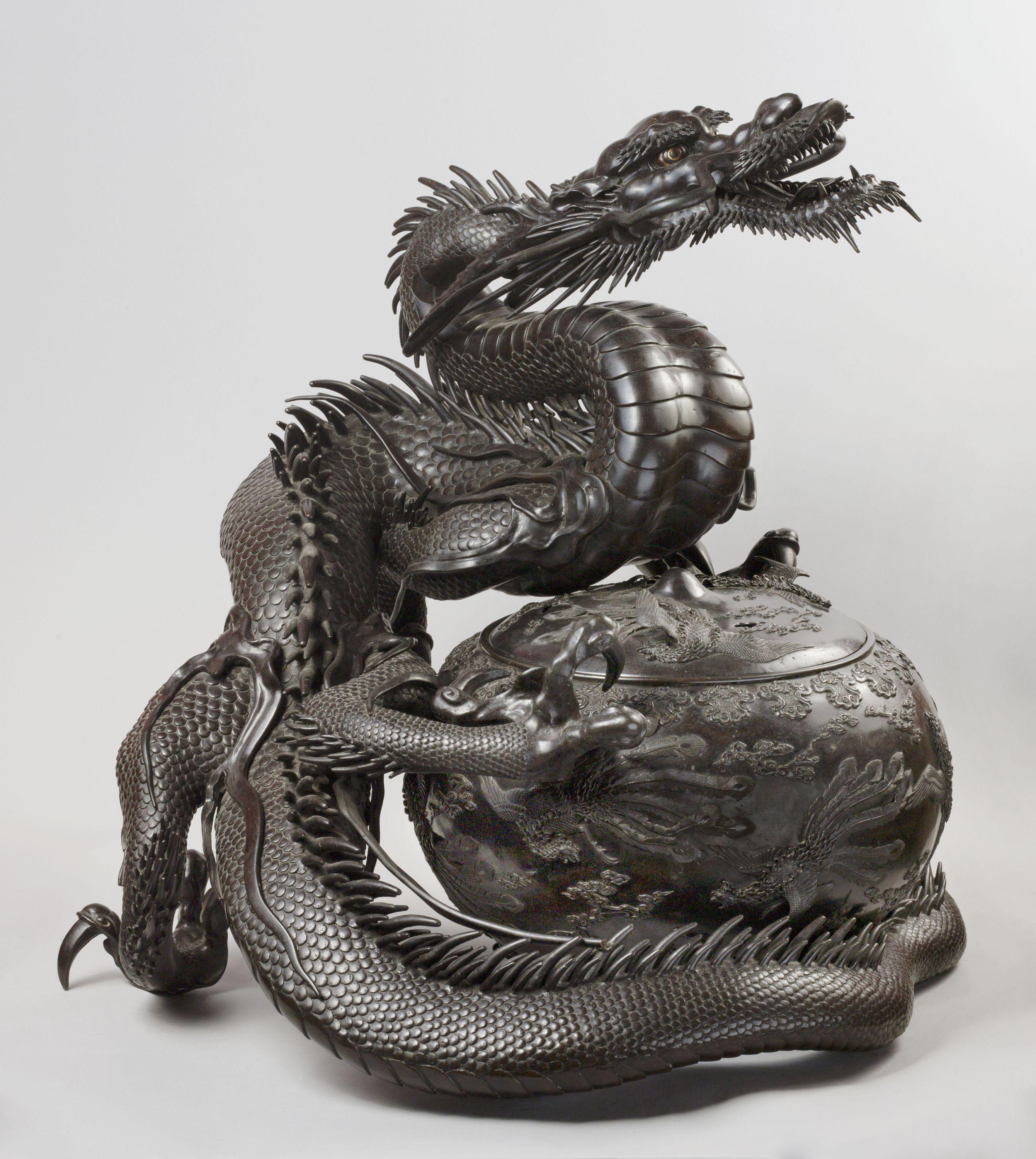 A large bronze dragon incense burner from Japan, made by Kimura Toun