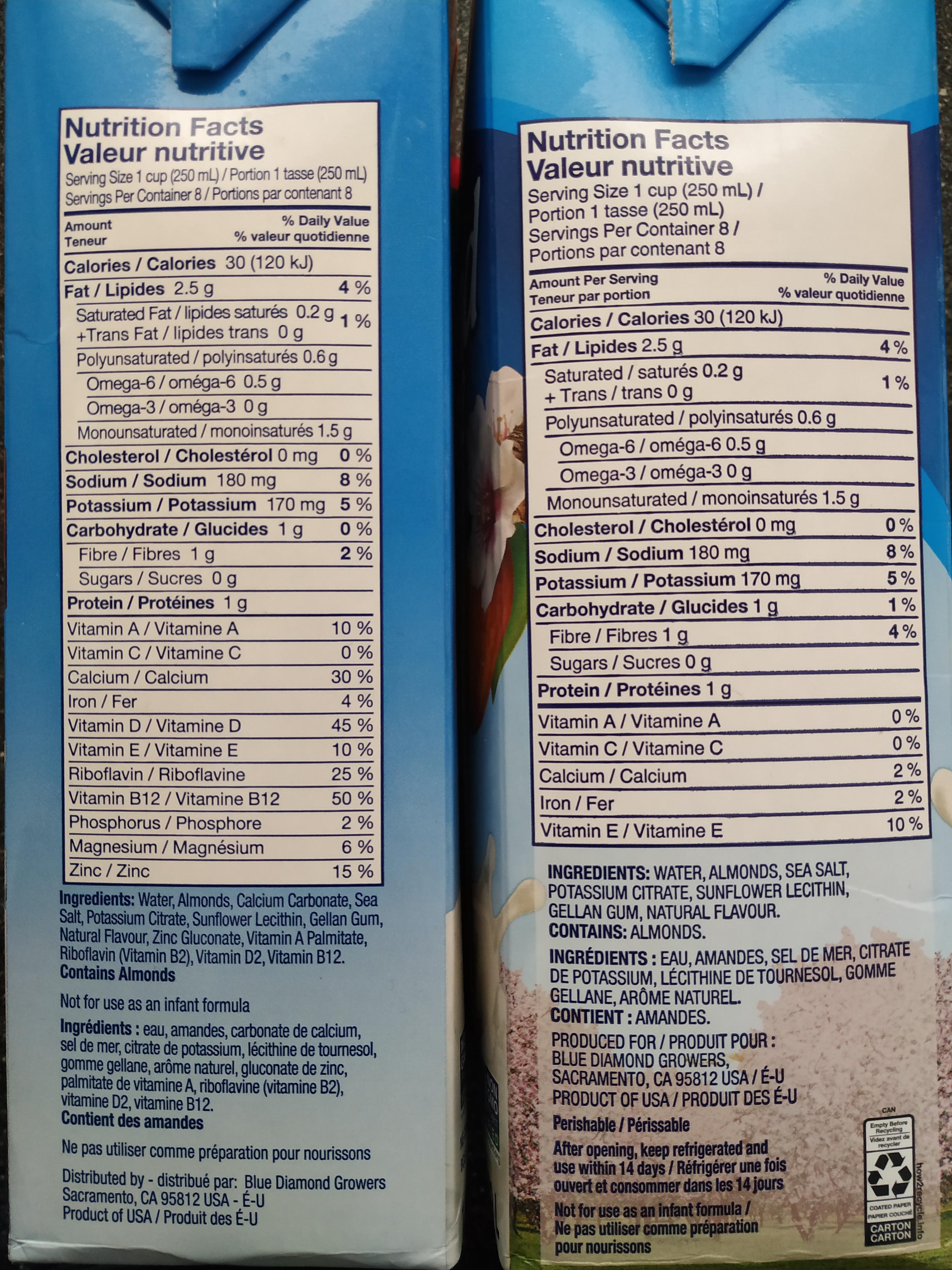 Almond Breeze. Left is old, right is new. They changed the recipe, it