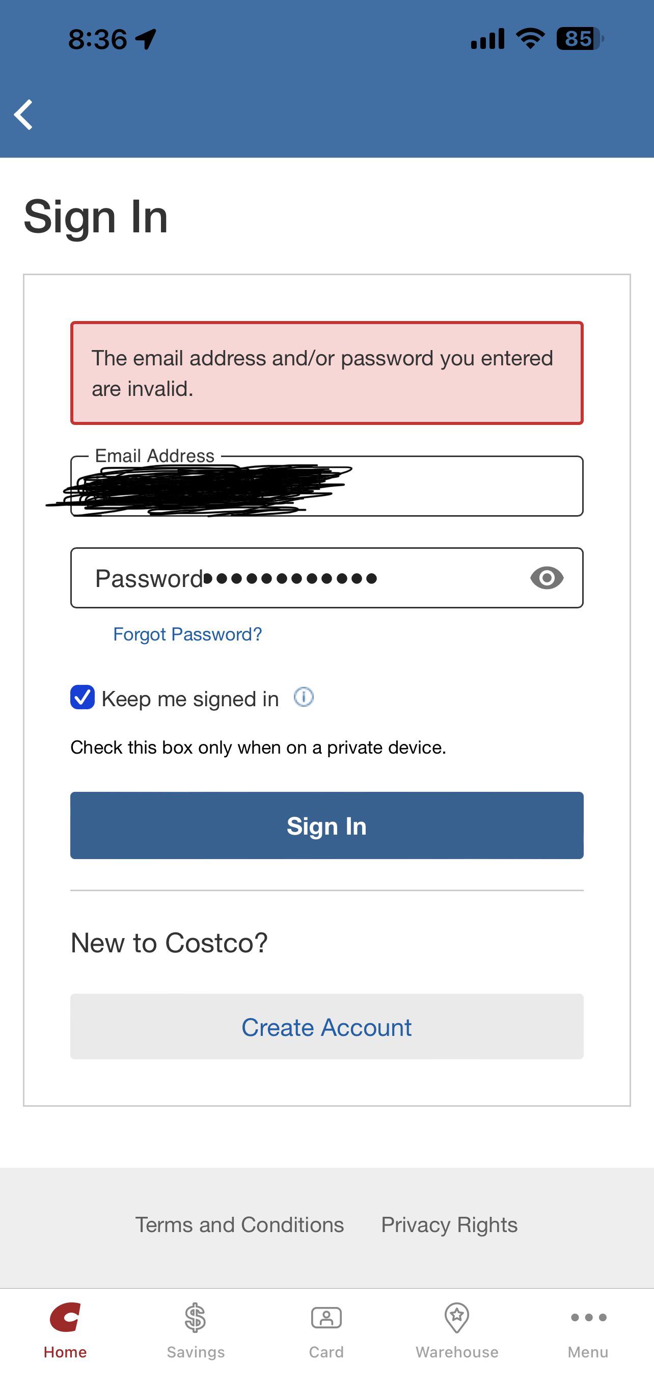 Can’t log into or the App r/Costco