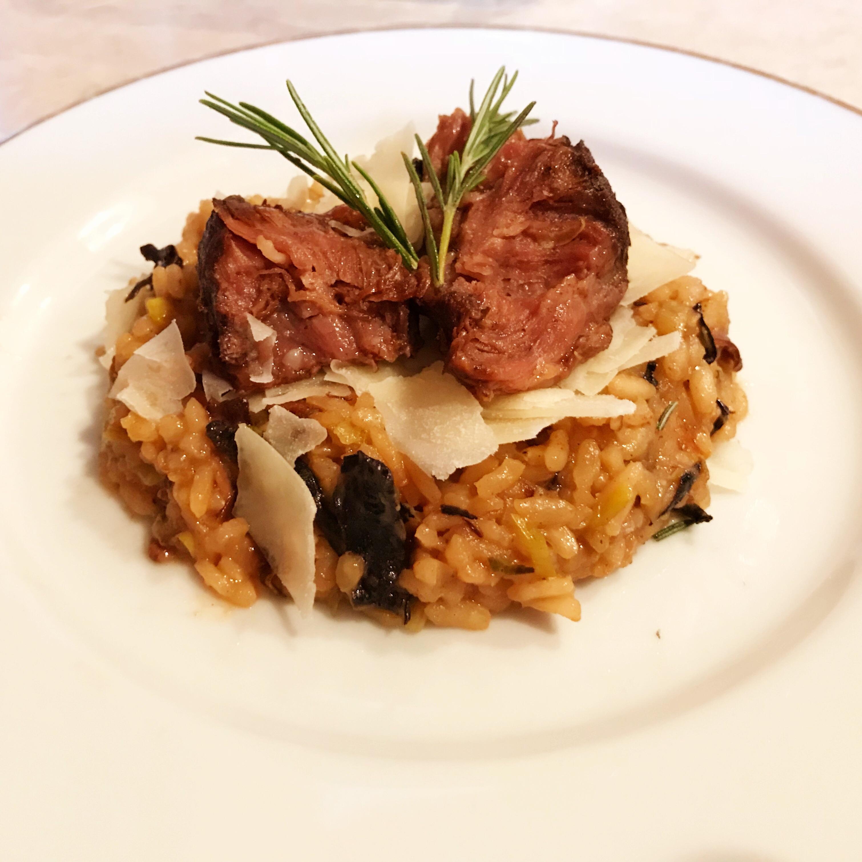 Braised beef over wild mushroom and leek risotto r/FoodPorn
