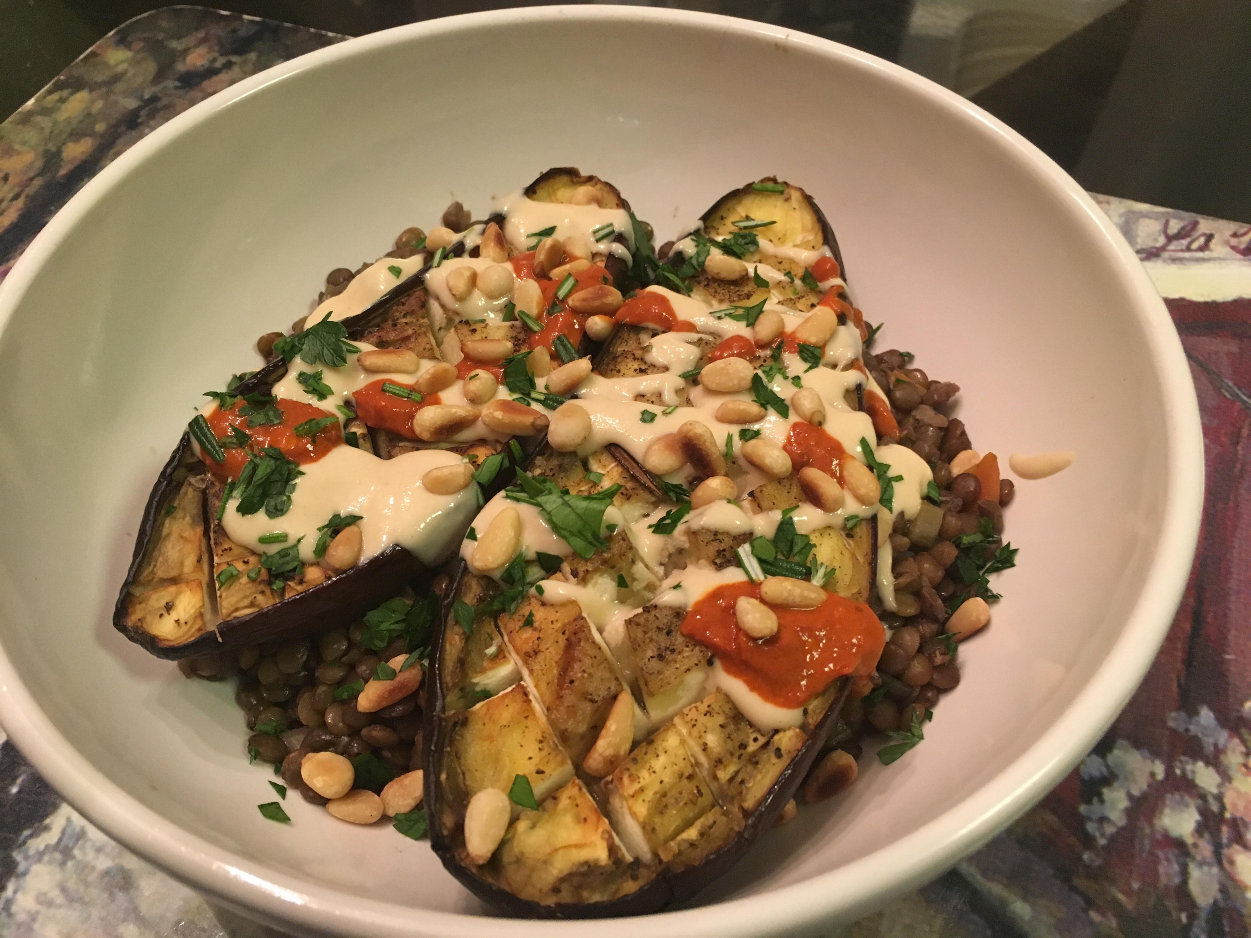 Roasted Eggplant with Tahini, Harissa, Pine nuts, and Lentils r/seriouseats