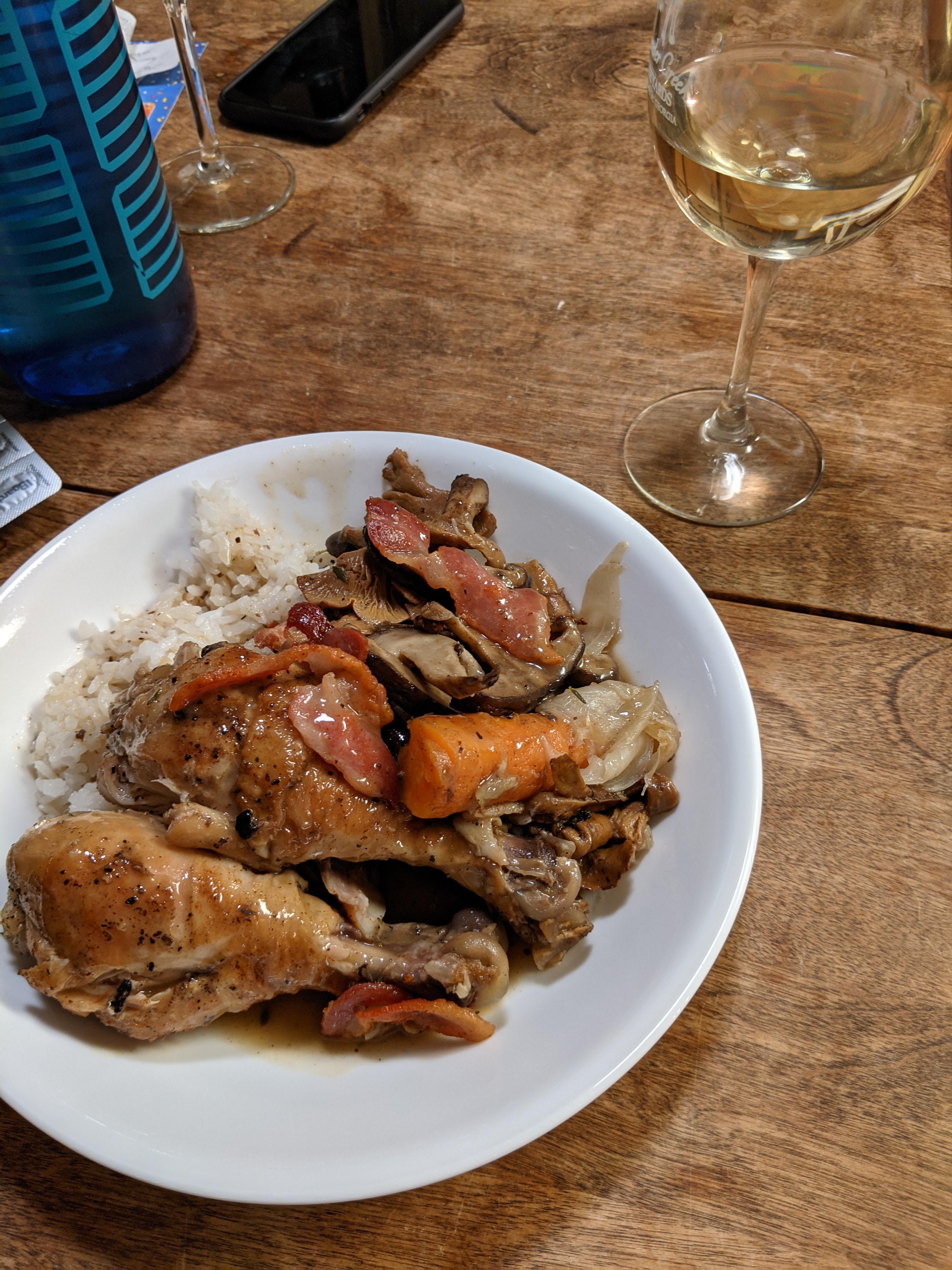 Made Bon Appetit's Coq au Vin, added chanterelle mushrooms on top of the called for shiitake