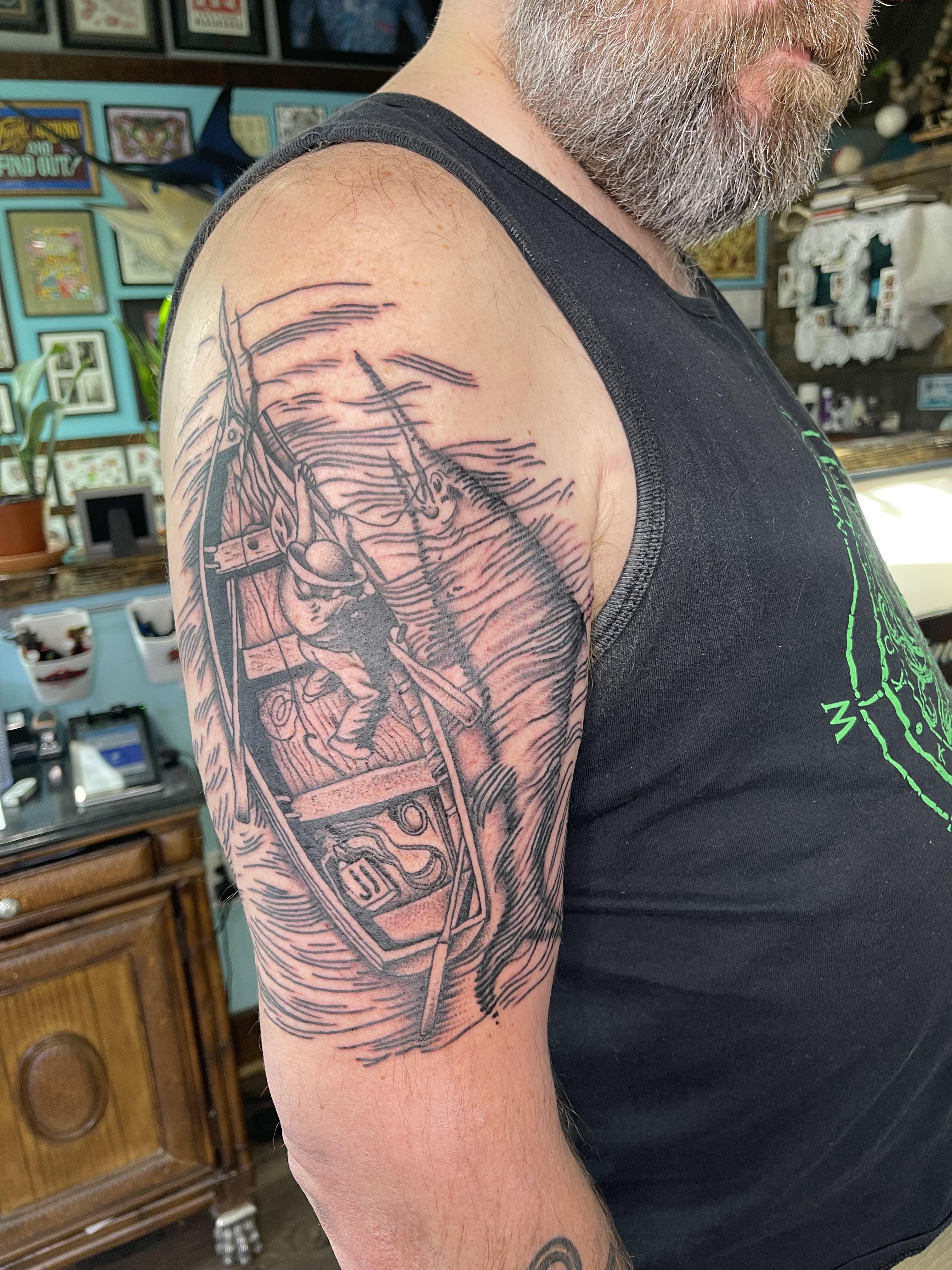 “Old Man and the Sea” piece by Tom Malster at Vatican Tattoo Studios in