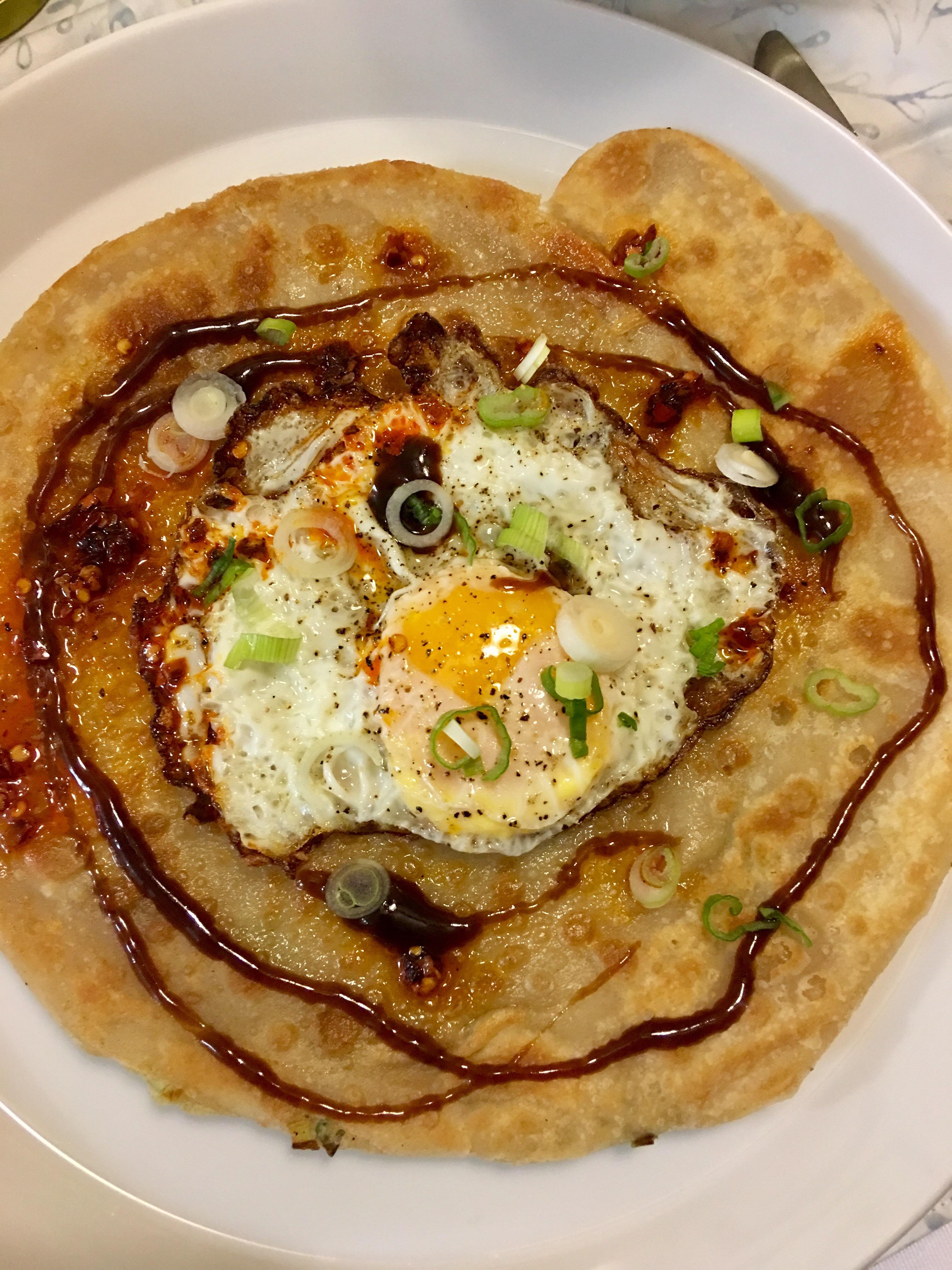 Scallion pancakes with a duck fat fried egg [homemade] r/food