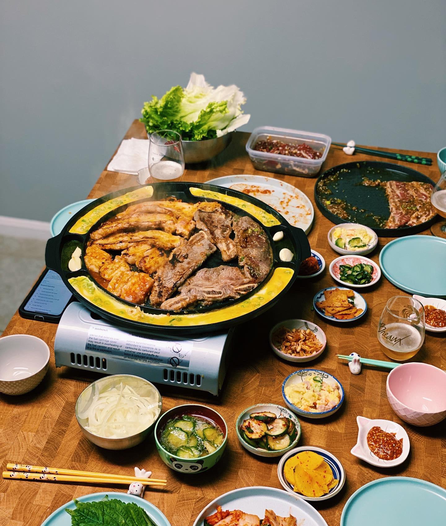 Home Korean BBQ set up Galbi, bulgogi, and spicy pork belly with ban