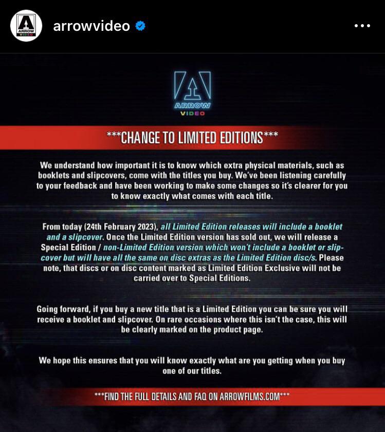 Arrow announces changes to limited edition titles moving forward. r