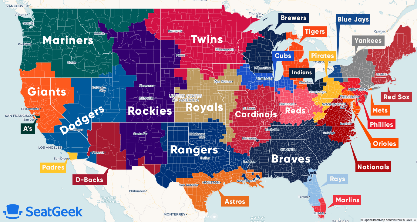 Map of MLB fanbase by U.S. county r/MapPorn