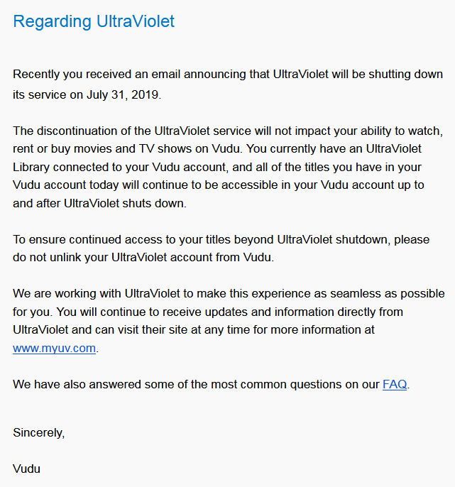 Clarification email from VUDU regarding the UV shutdown. r/vudu