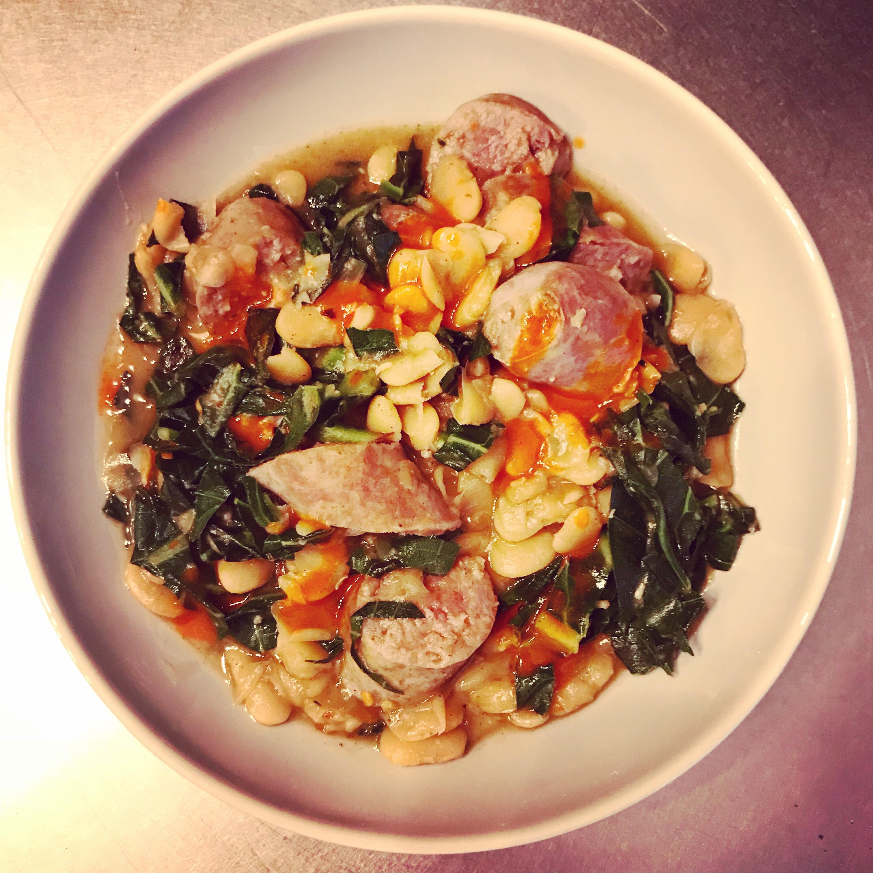Lima beans, collard greens, andouille, hot sauce [Homemade] r/food