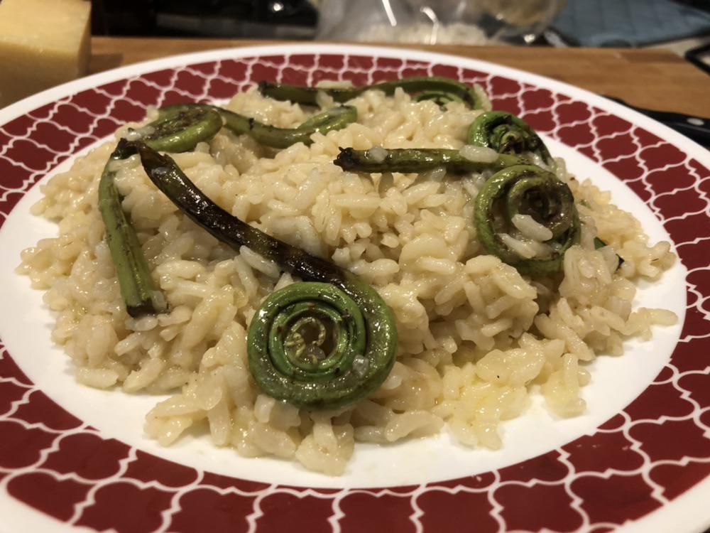 Made fiddlehead risotto for my girlfriend, it turned out pretty well