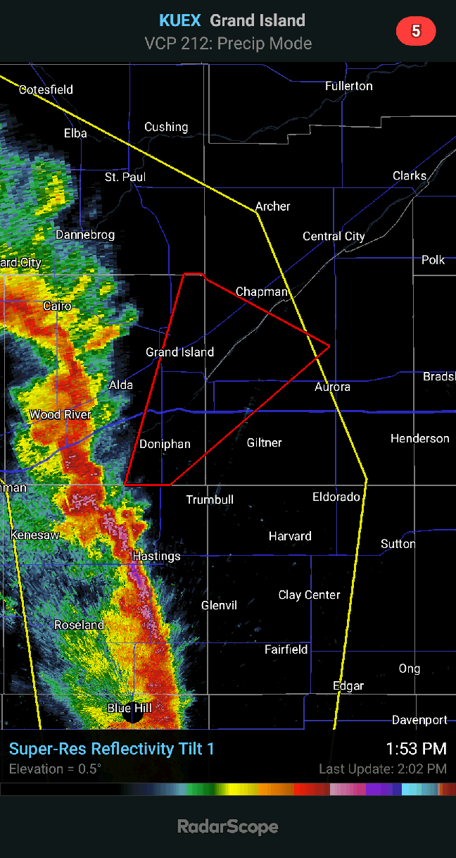 Observed Tornado Warning Including Grand Island, NE. r/tornado