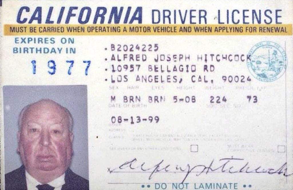 Alfred Hitchcock's California driver's license from the 70's r