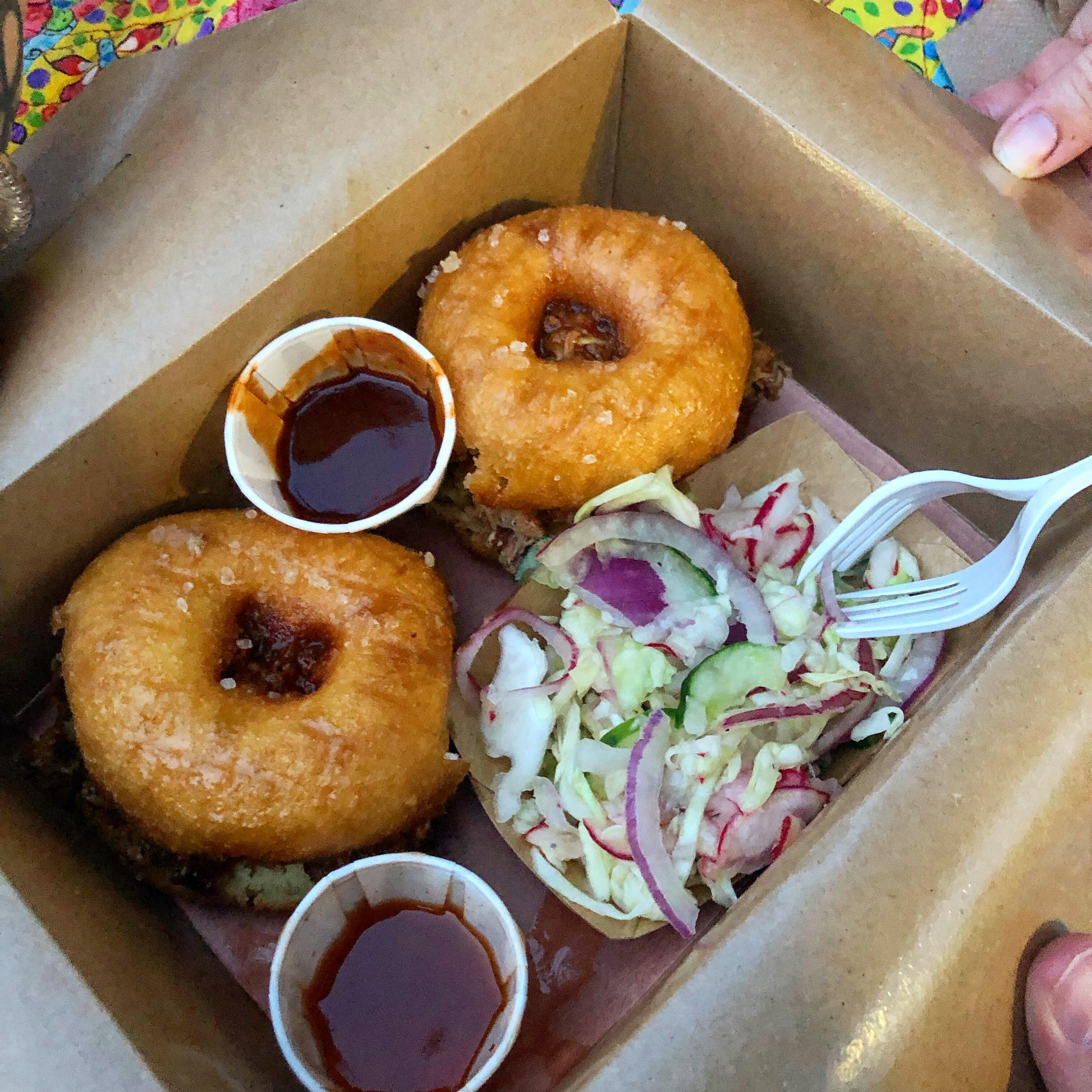 BBQ pulled pork and brisket on salted glazed donuts r/eatsandwiches