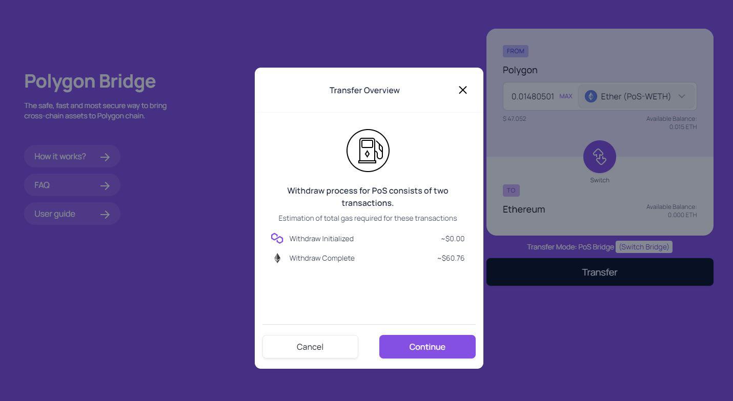 The gas fees to transfer my Polygon ETH to ETH are greater than