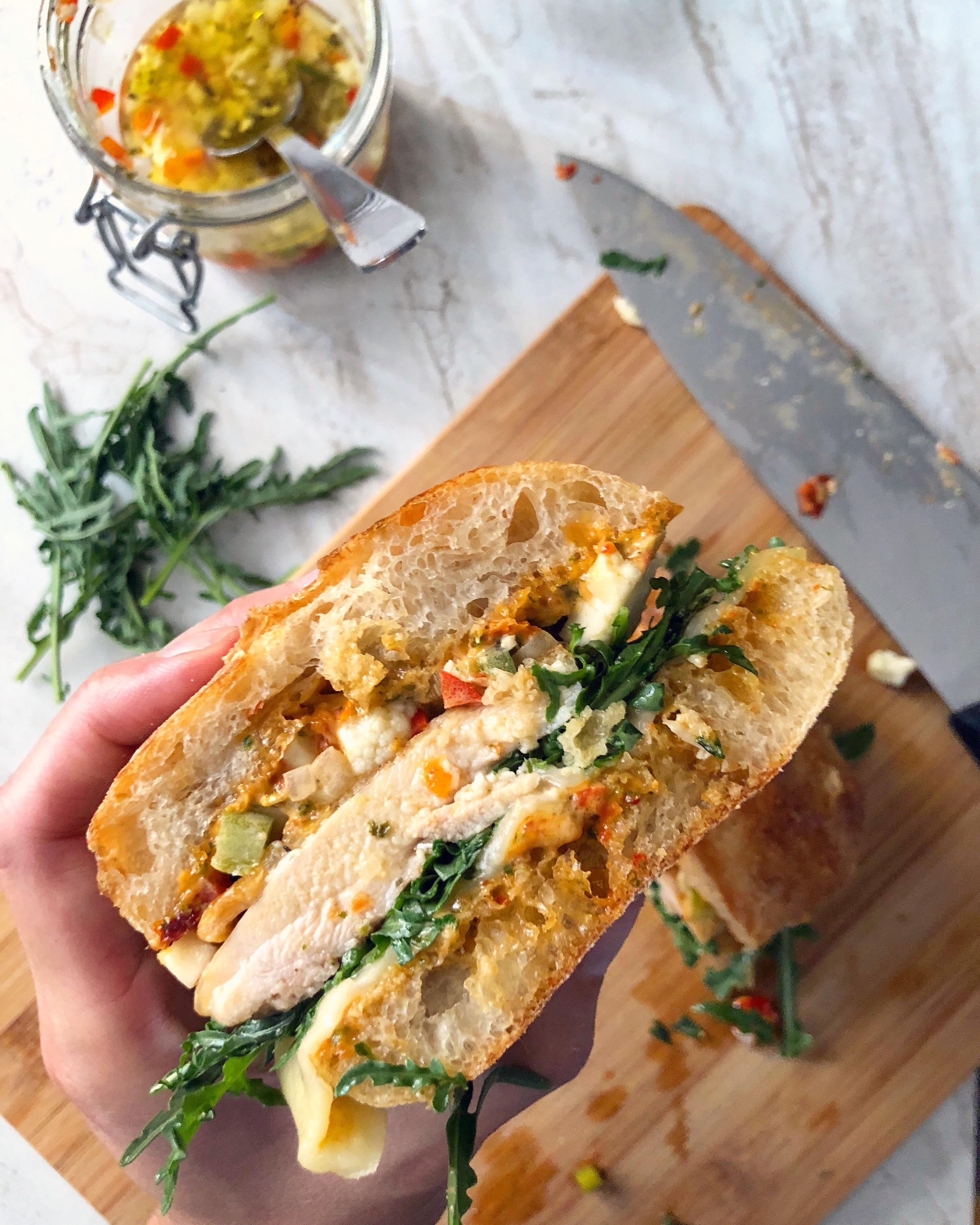 [Homemade] Roasted Chicken Sandwich w/ Sundried Tomato Pesto Mayo, Giardiniera, and Arugula r/food
