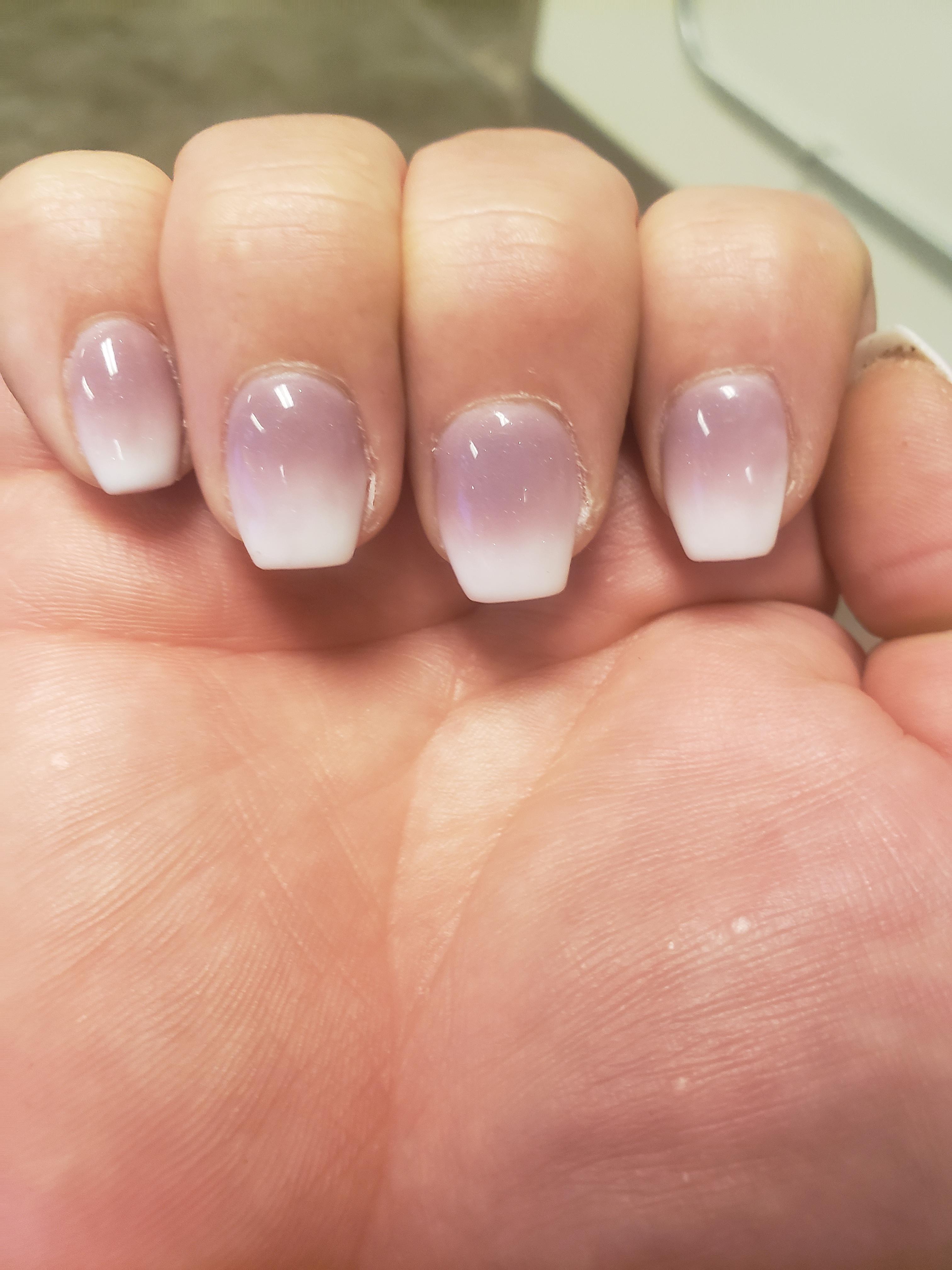My new purple to white ombre coffin nails. These are short coffin shape