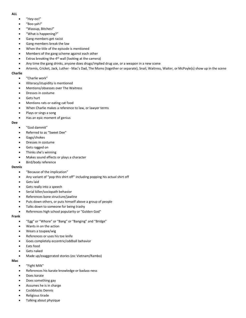 My friends and I made this Drinking Game list for IASIP, hope you enjoy