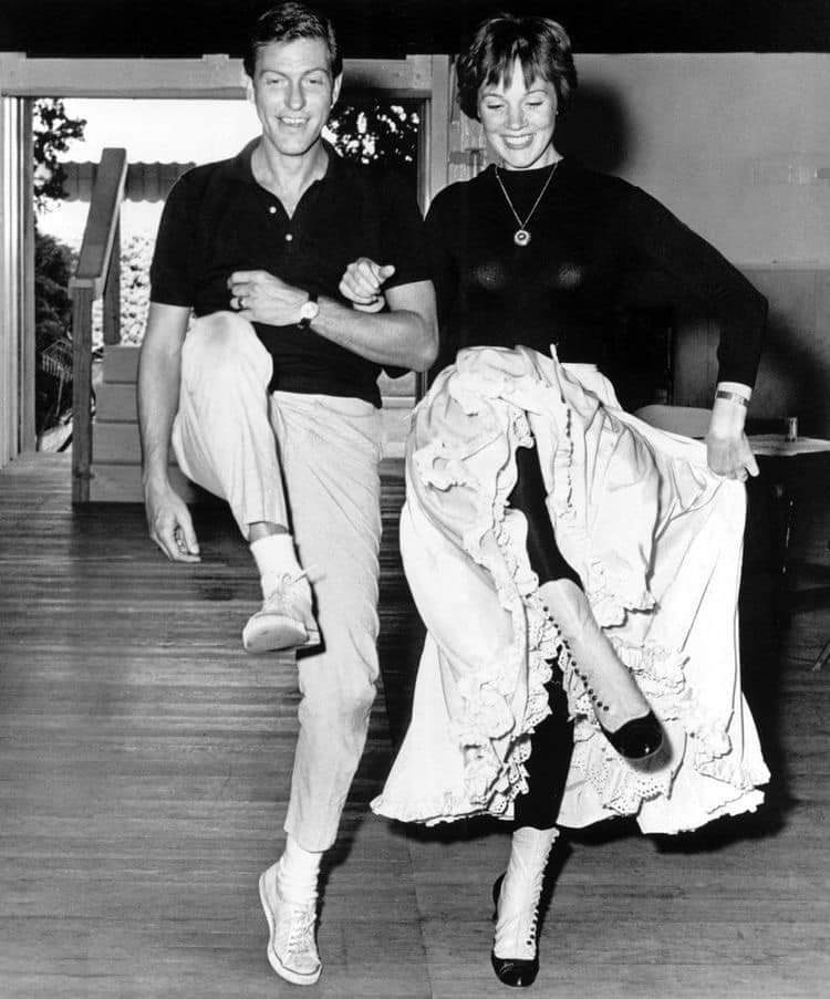 Julie Andrews and Dick Van Dyke rehearsing their dance steps for Mary
