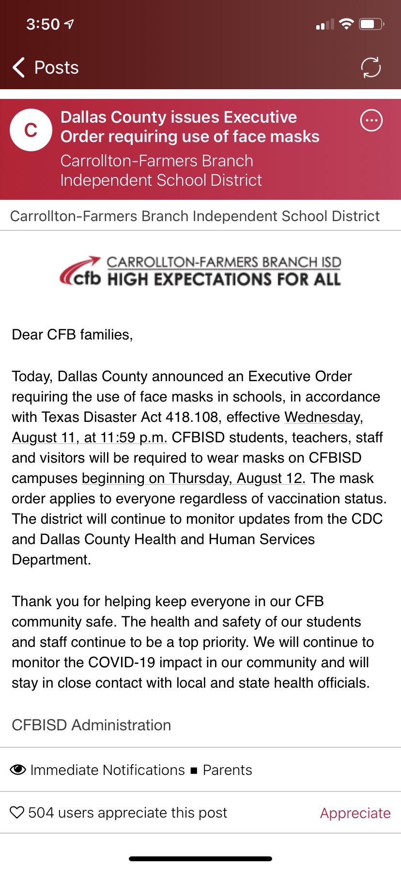 CFBISD enforcing mask mandate starting tomorrow, following Dallas