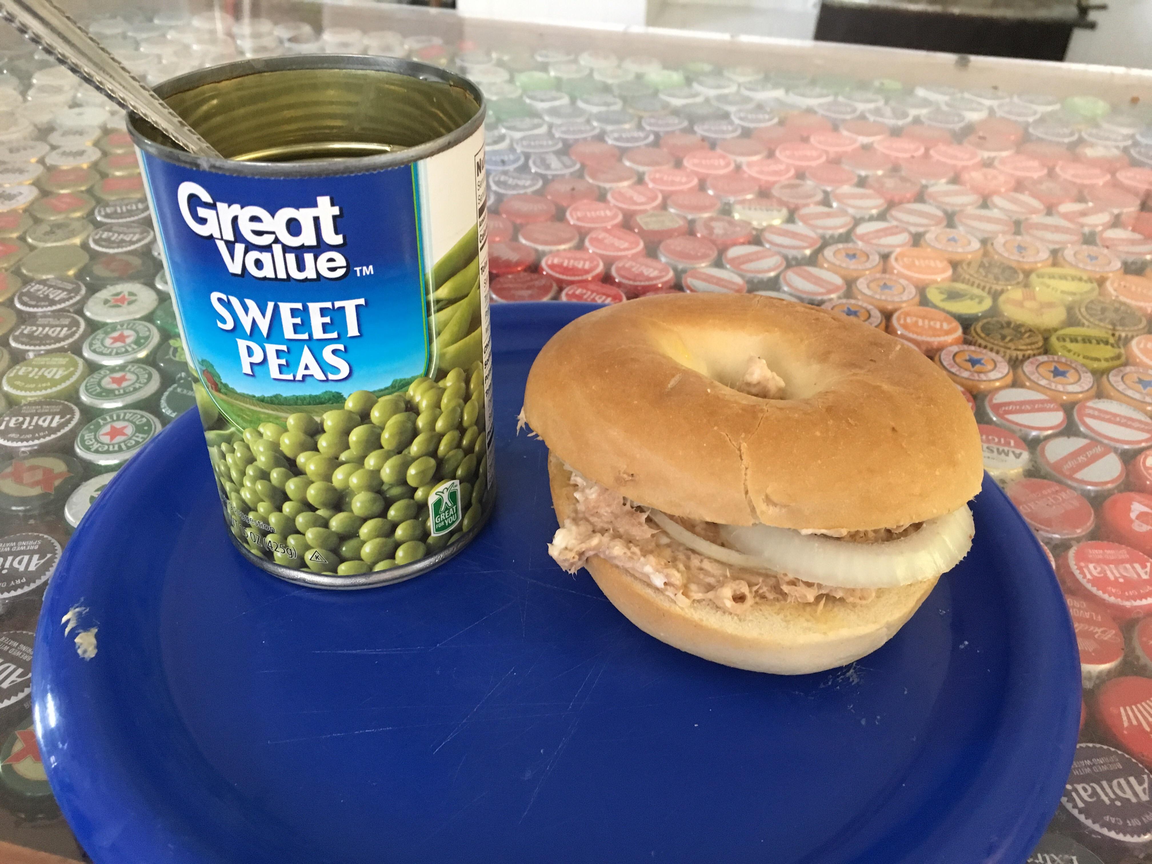 Tuna and cream cheese bagel with canned peas shittyfoodporn