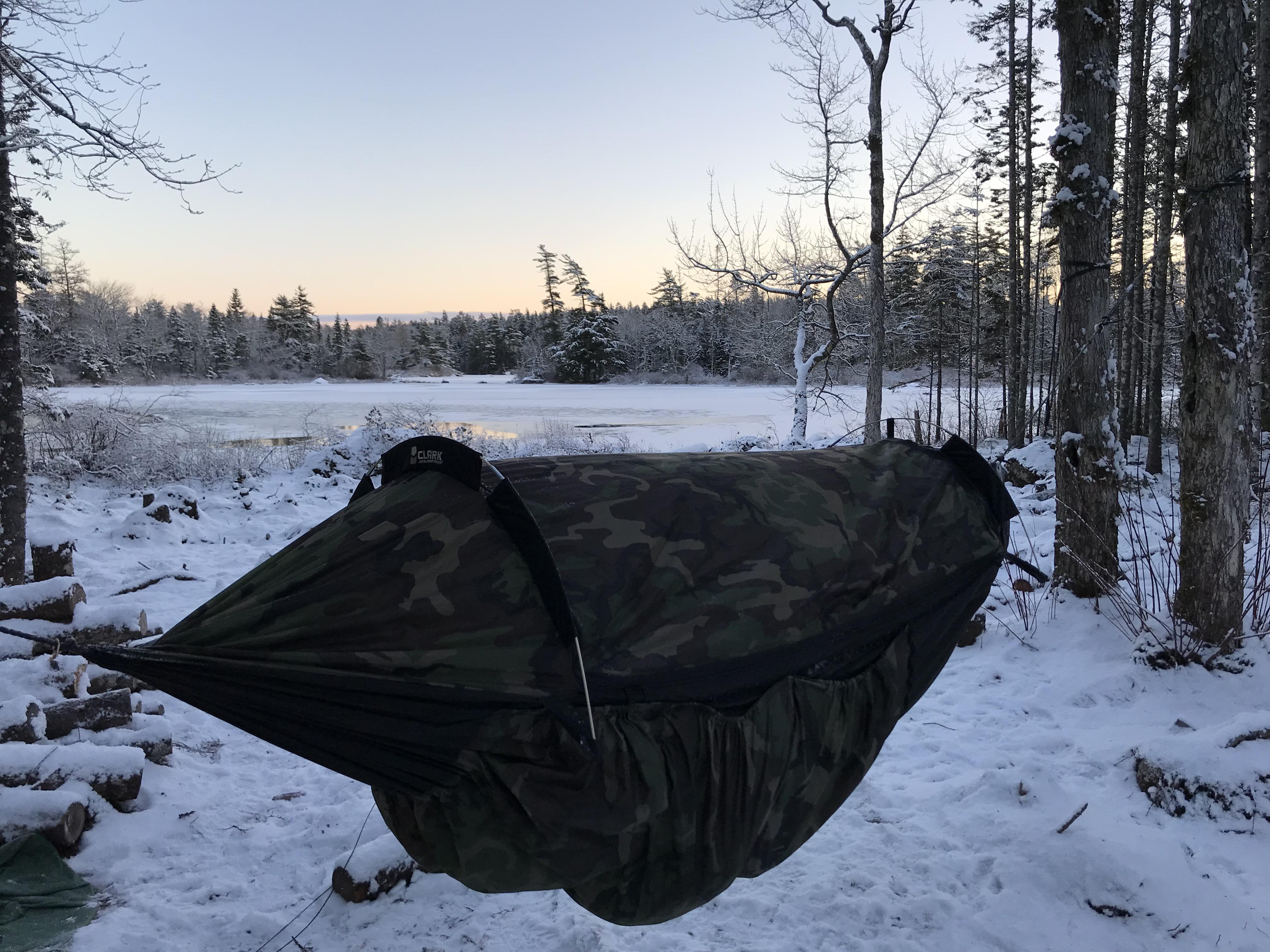 Winter hammock camping, Nova Scotia, just woke up to 12c, 10F r/Hammocks