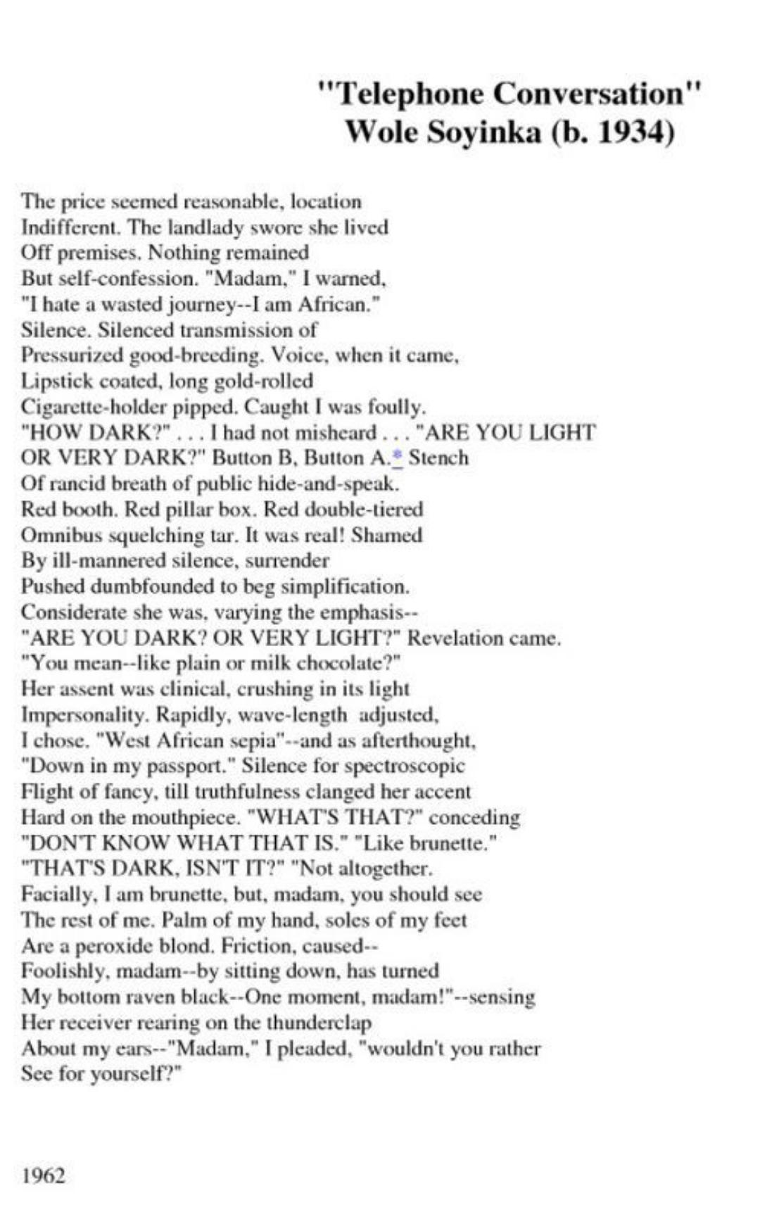 [POEM] Telephone Conversation by Wole Soyinka : r/Poetry