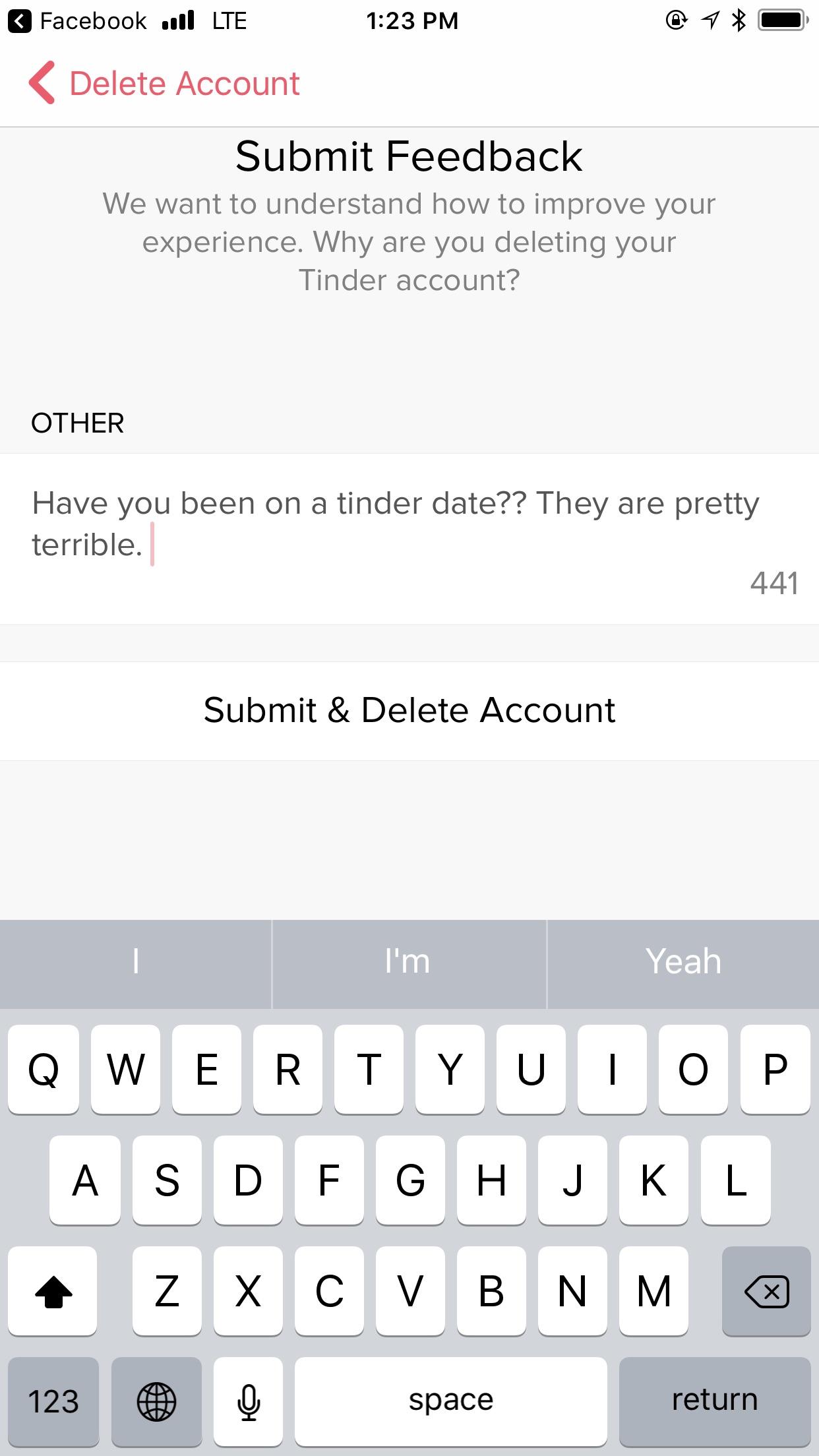 Tinder wanted to know why I asked to delete my account. Tinder