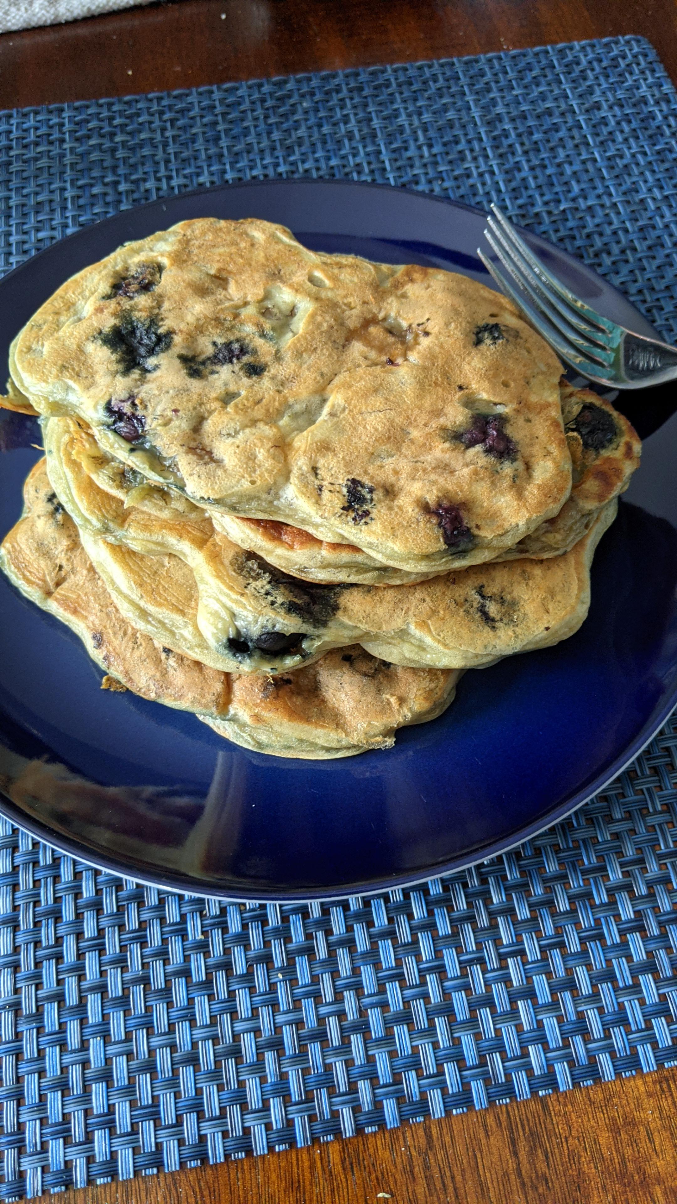 Banana and Blueberry Greek yogurt pancakes. Stack of 5 for 337 calories