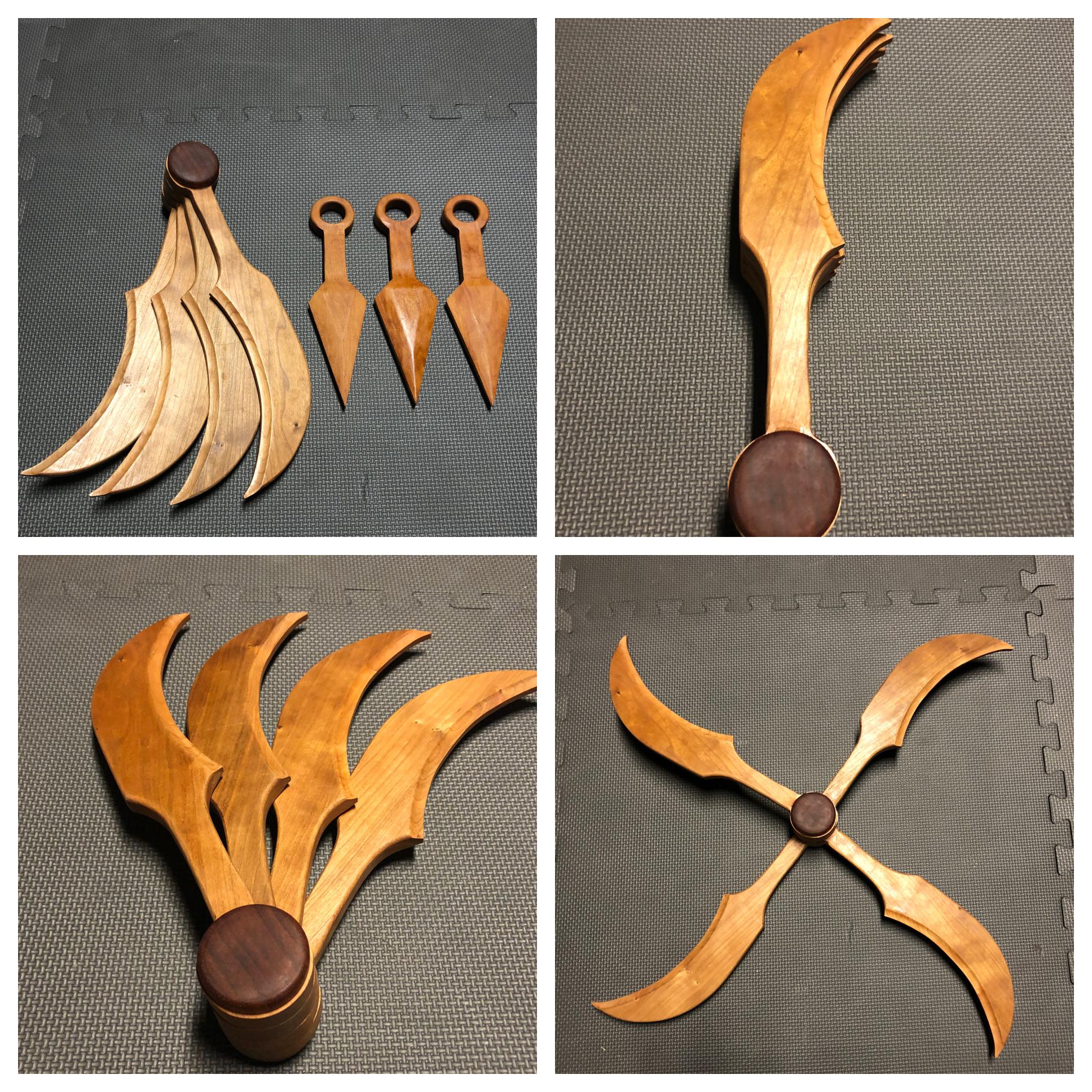 Just finished these. Hand made wooden kunai and windmill shuriken. r
